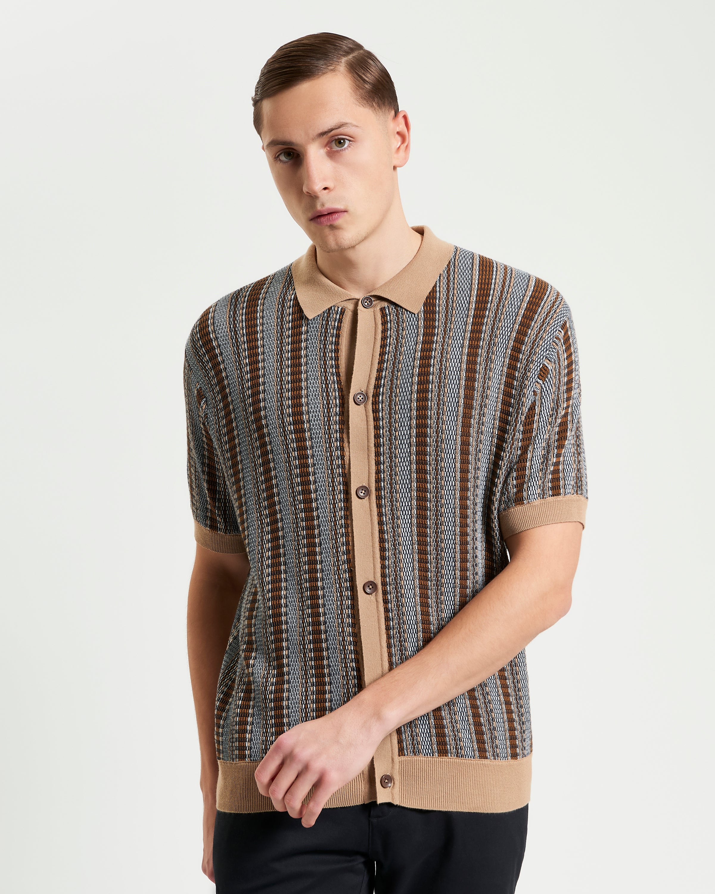 Textured Stripe Knitted Shirt – Brown and Beige – Button-Through Regular Fit Design