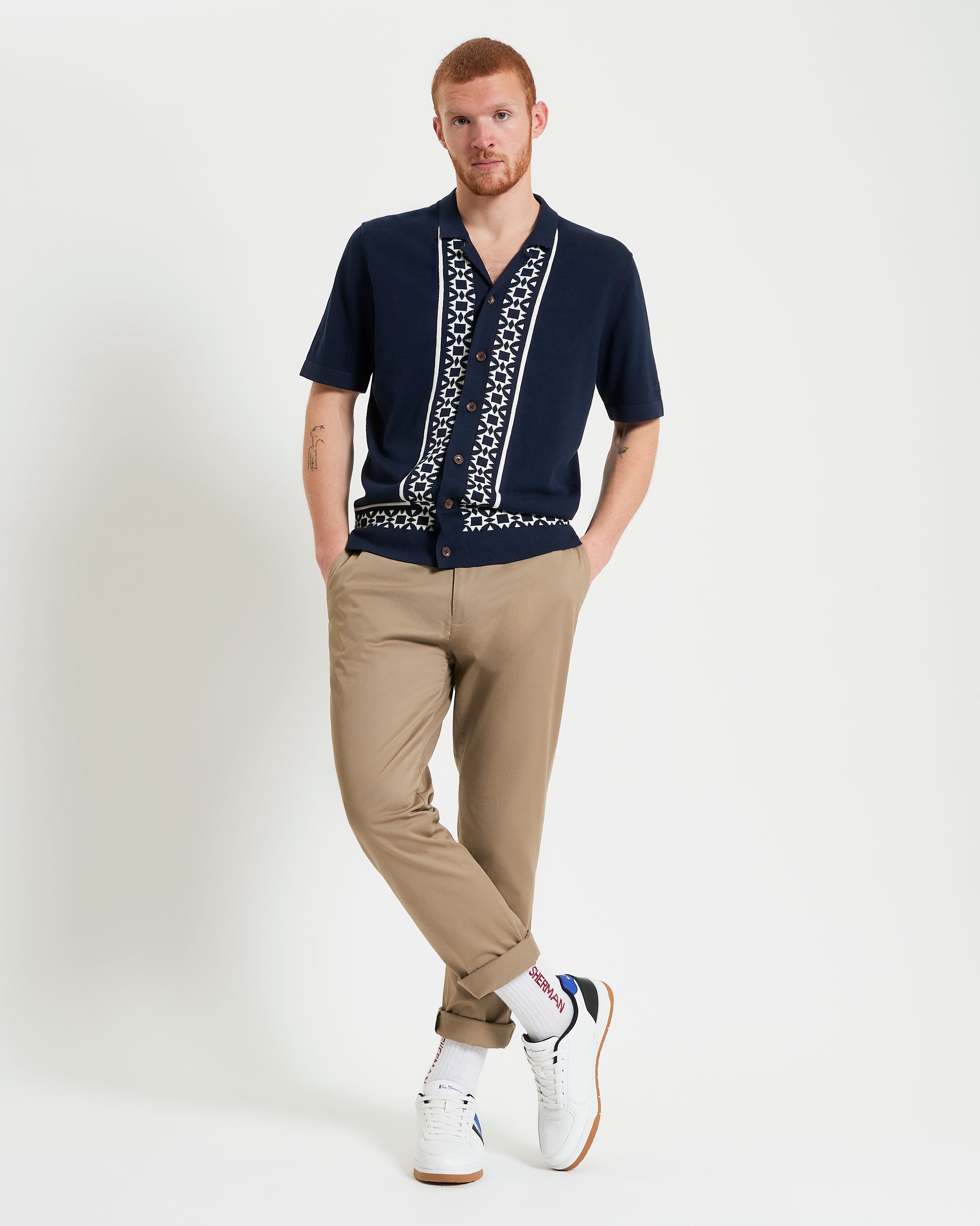 Floral Border Resort Shirt – navy short-sleeve shirt with geo border print, relaxed fit, 100% organic cotton.