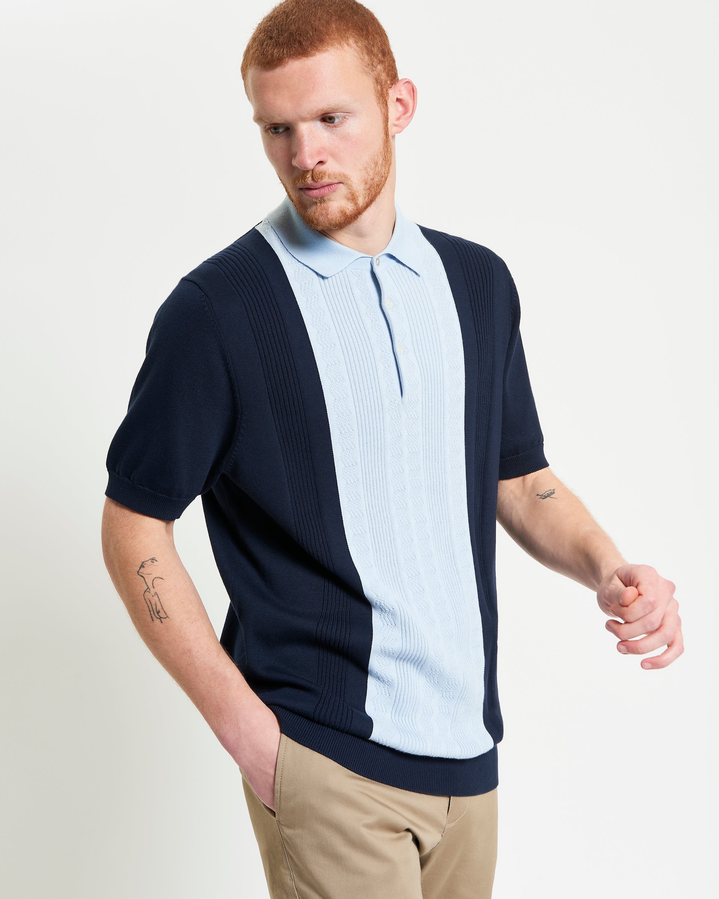 Textured Block Stripe Polo – Navy and Light Blue Short Sleeve Knitwear with Raised Block-Stripe Texture