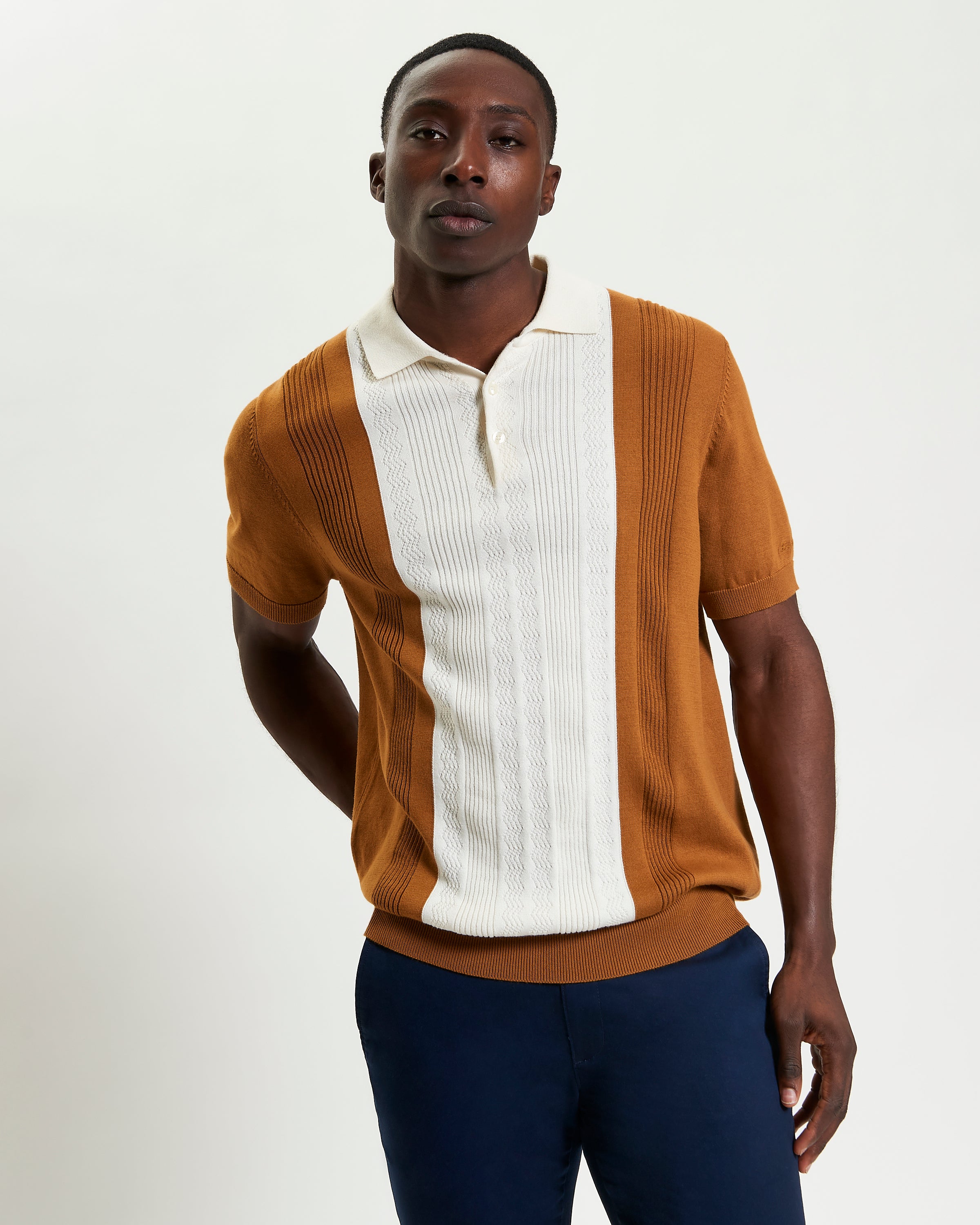 Textured Block Stripe Polo – brown and cream short sleeve polo with unique texture and relaxed fit.