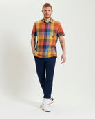 Multicolour Check shirt with casual point collar and straight hem, styled with navy pants for a versatile look.