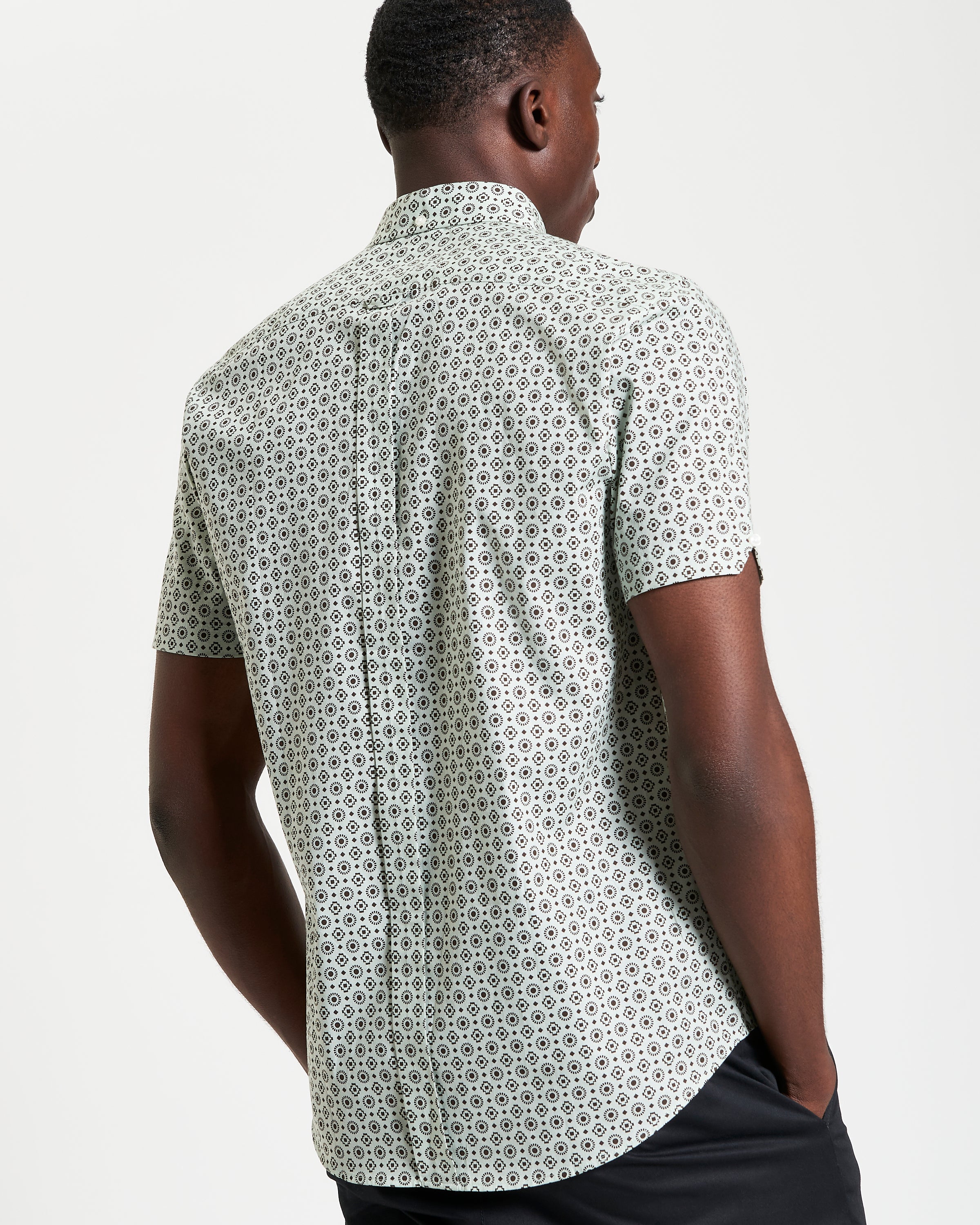 Block Geo Print short sleeve shirt showing back design and organic cotton fabric details.