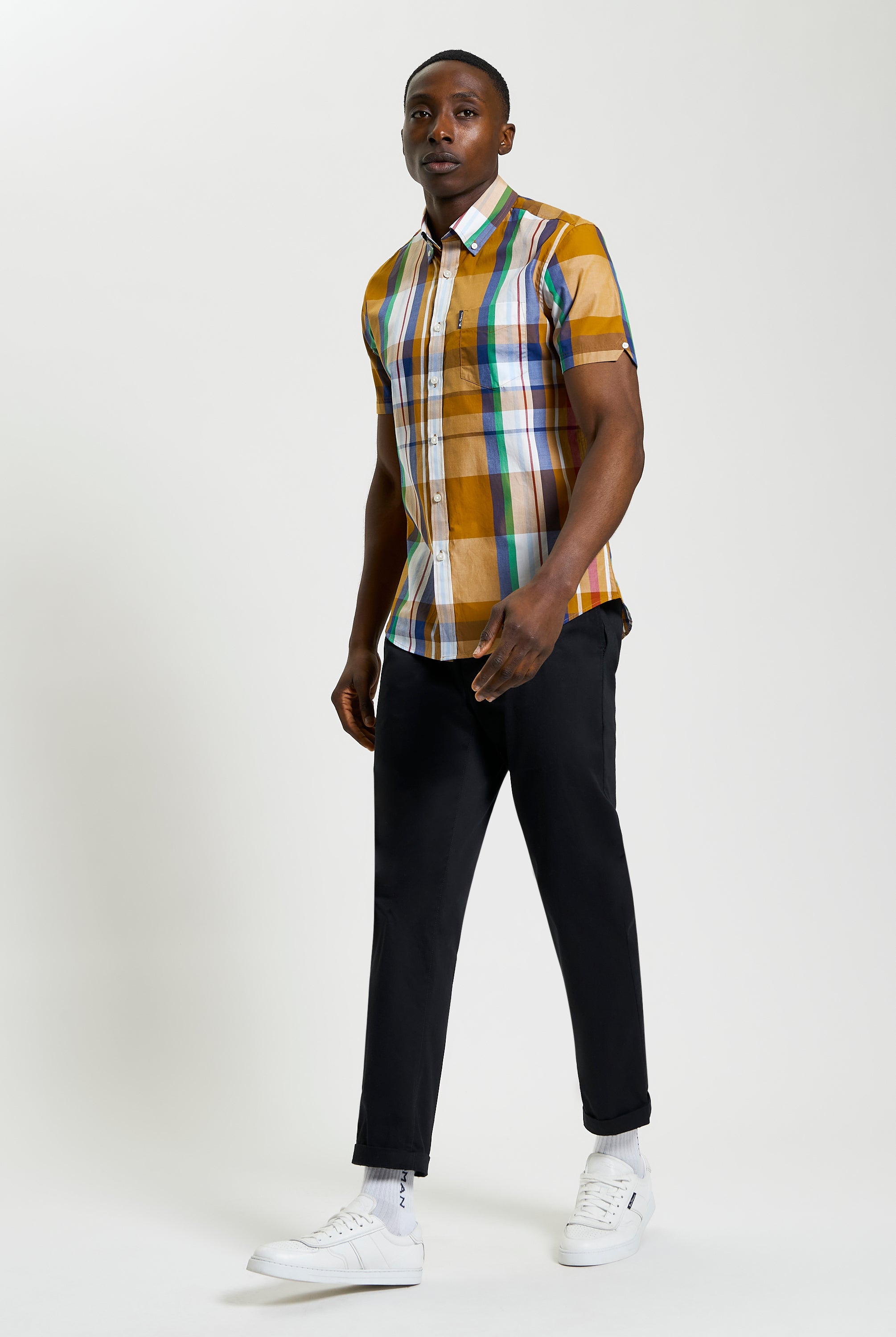 Large Madras Check short sleeve shirt in vibrant checks, showcasing summer style with relaxed comfort.