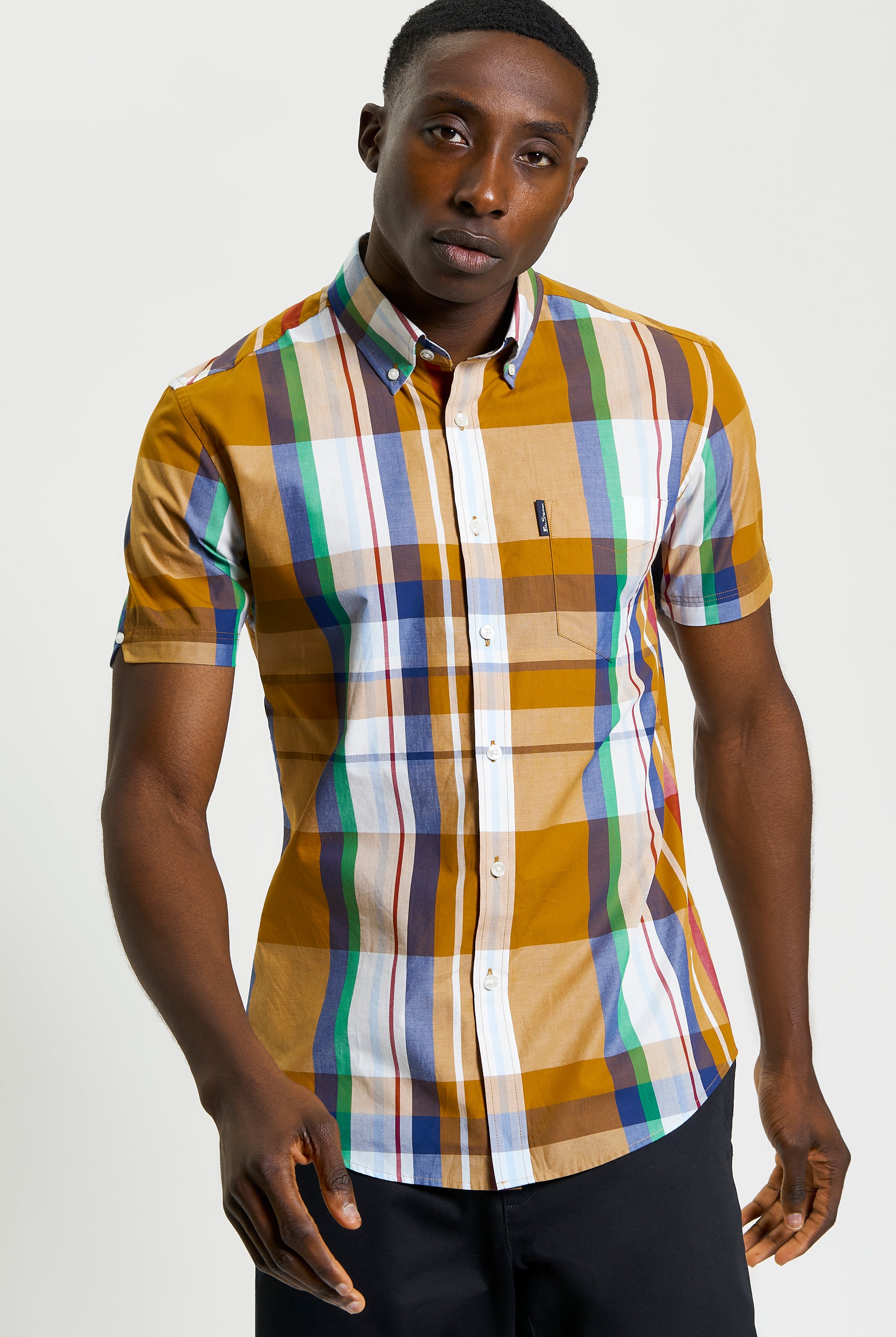 Large Madras Check short sleeve shirt with vibrant check palette and button-down collar.
