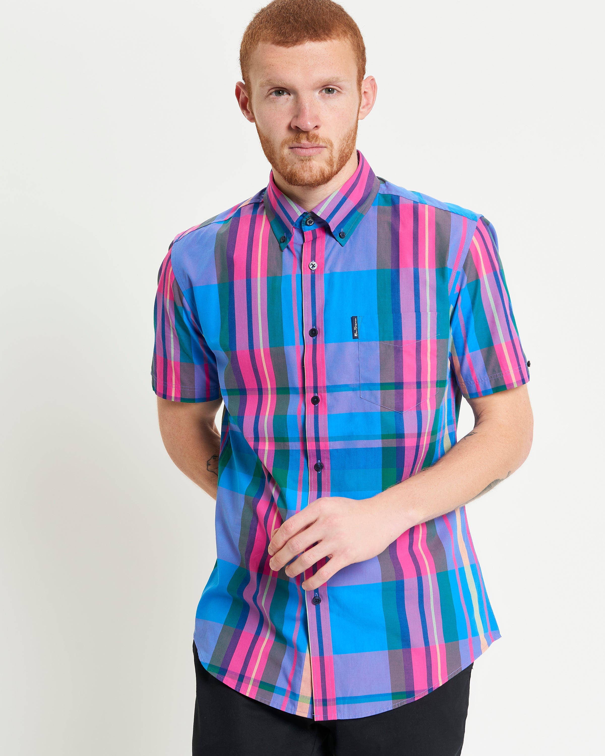 Large Madras Check short sleeve shirt in vibrant colors with short sleeves and button-down collar.