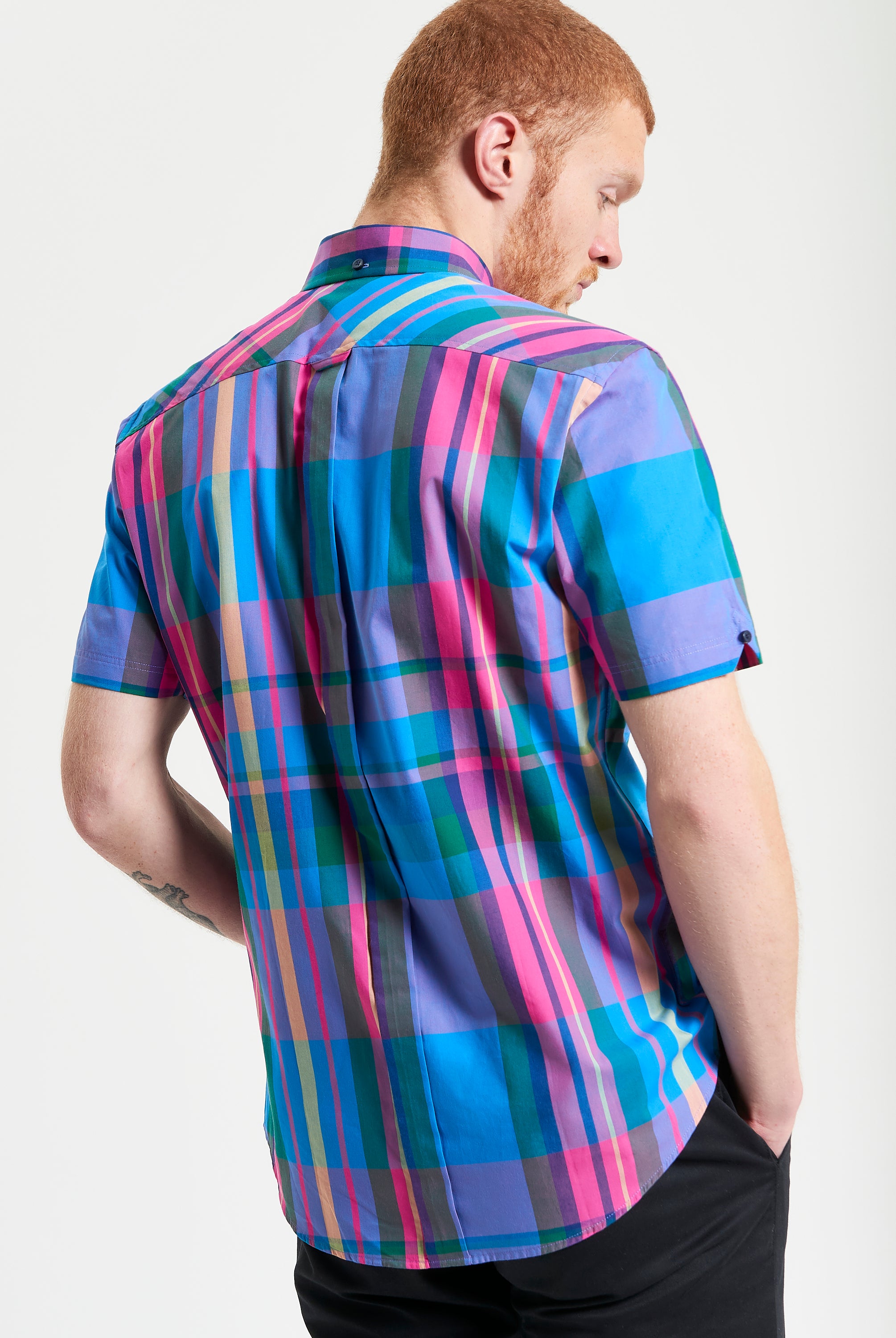 Large Madras Check short sleeve shirt – vibrant check pattern and classic three-finger button-down collar.
