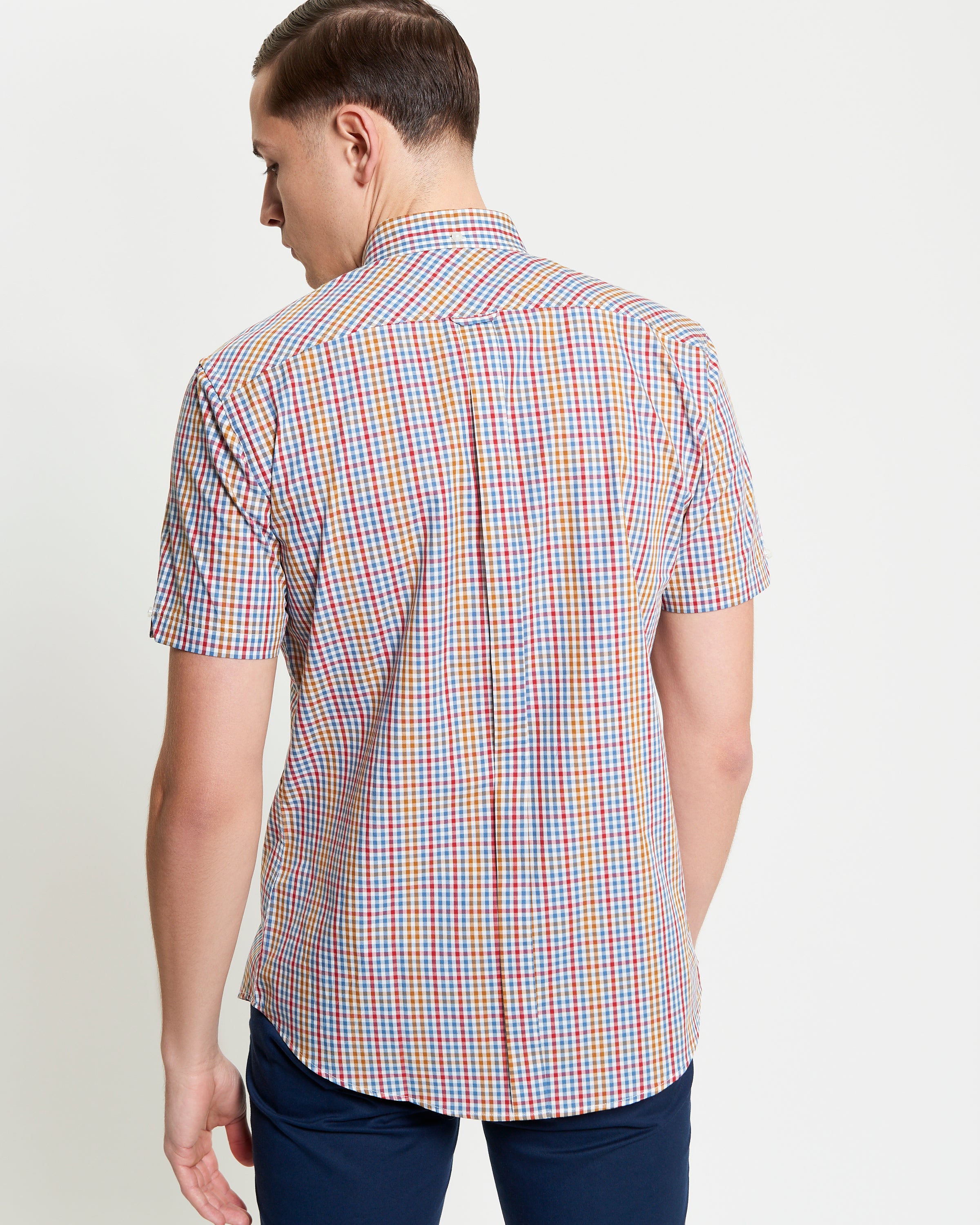 Mini Gingham Check Shirt – Back view showcasing short sleeves and colorful pattern.