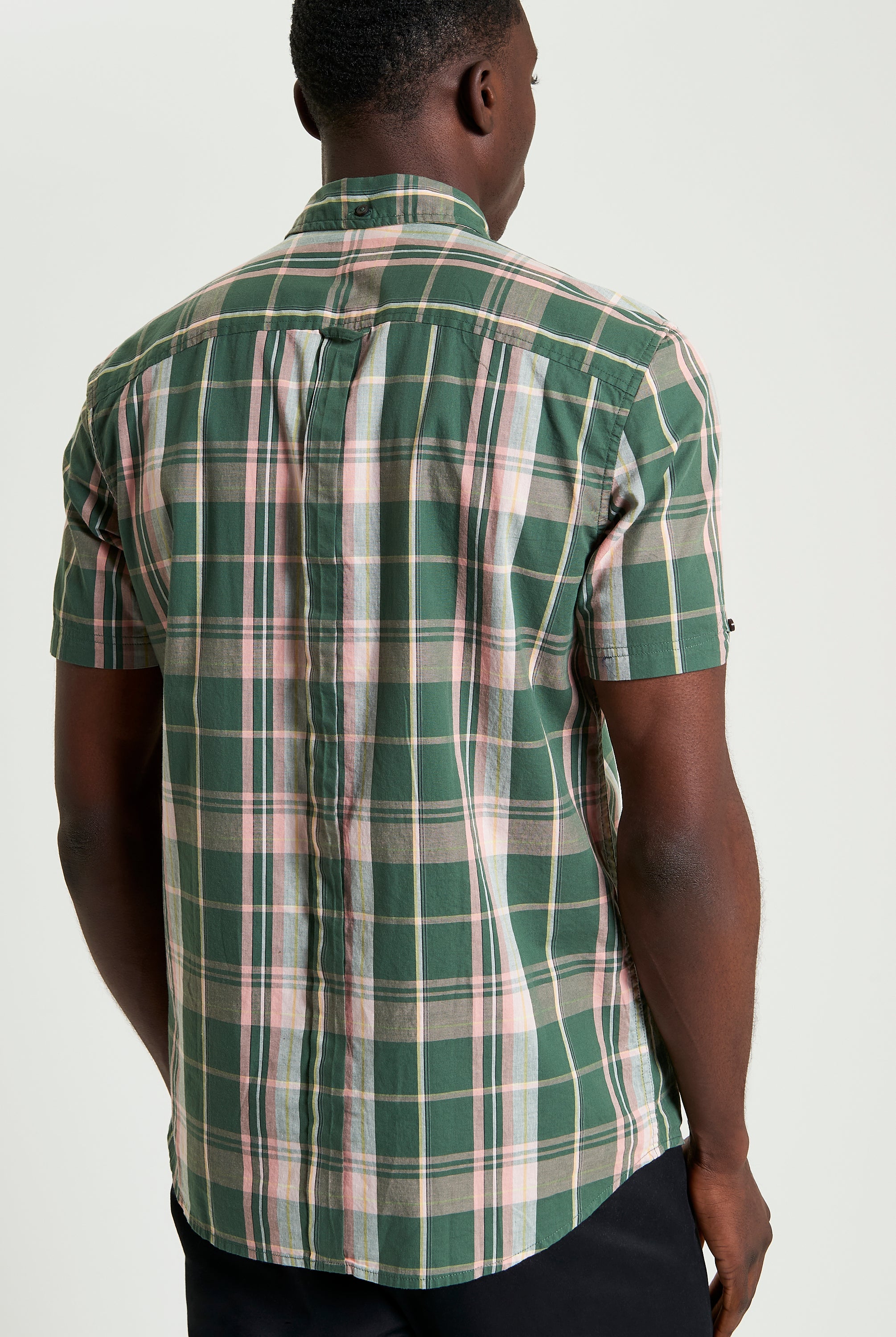 Slub Check shirt in green and pink plaid, showcasing the back view and short sleeves, perfect for warm-weather style.