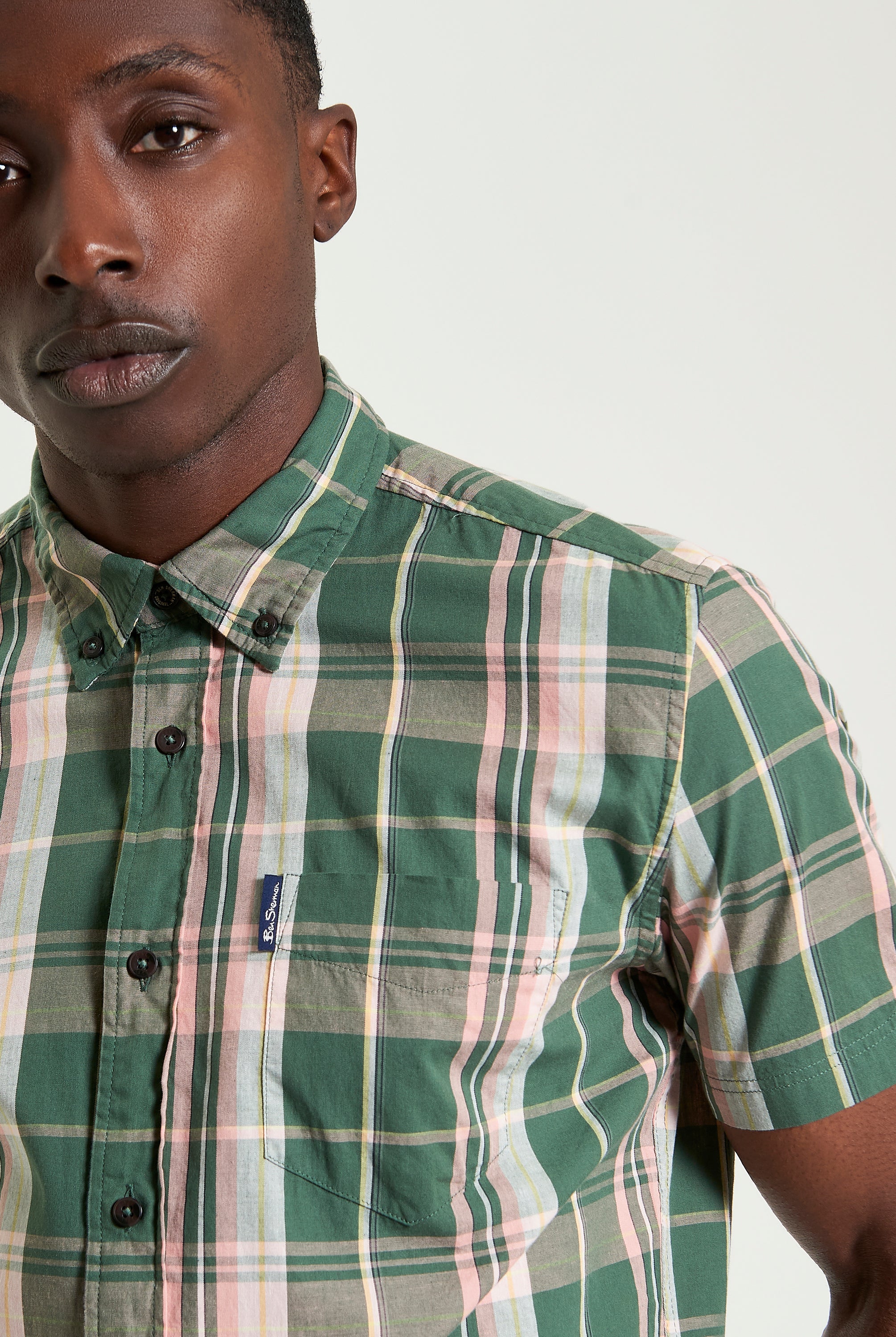 Slub Check short sleeve shirt in green and pink plaid with button-down collar and chest pocket