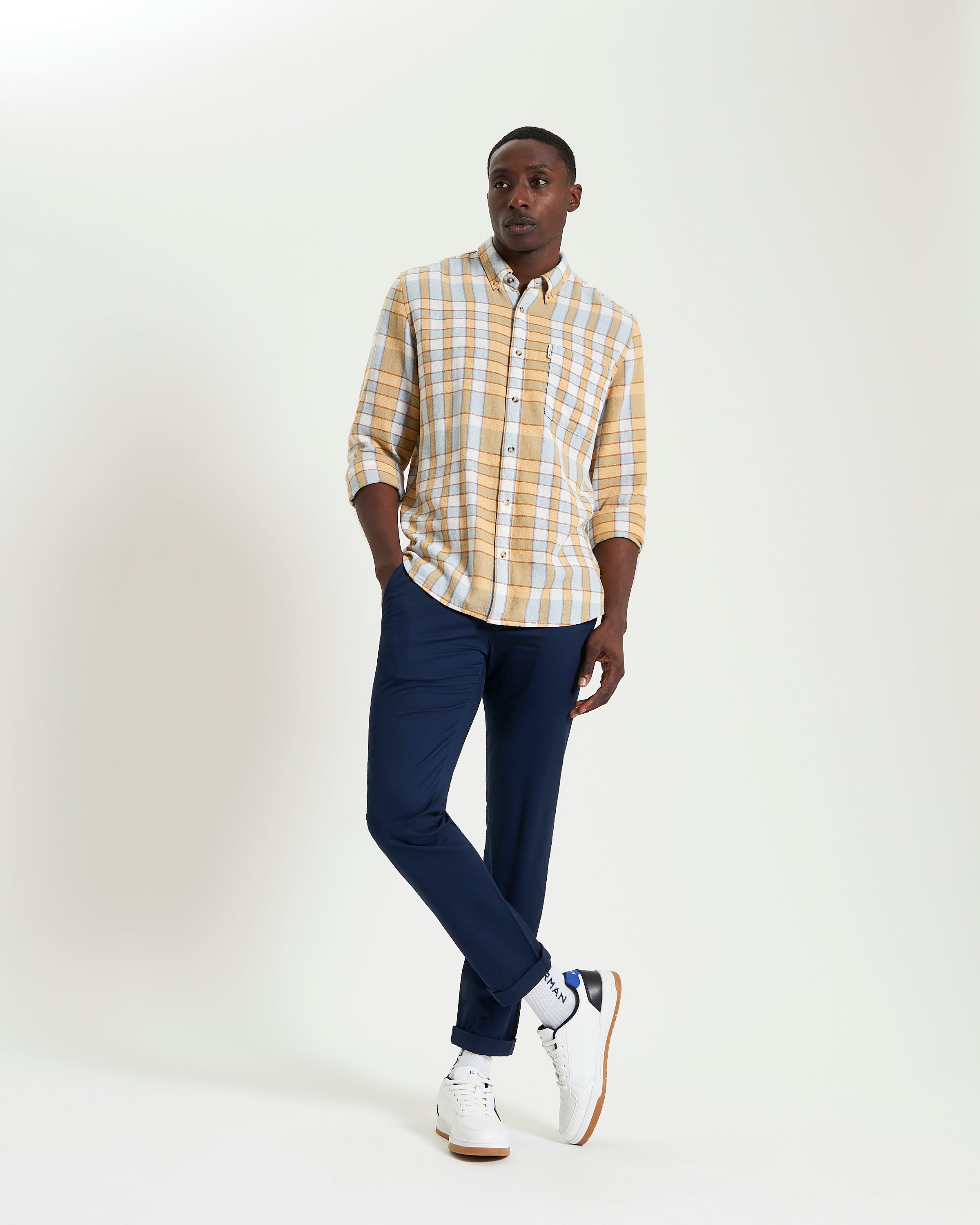Crepe Check – Yellow and Blue Check Shirt with Long Sleeves and Curved Hem