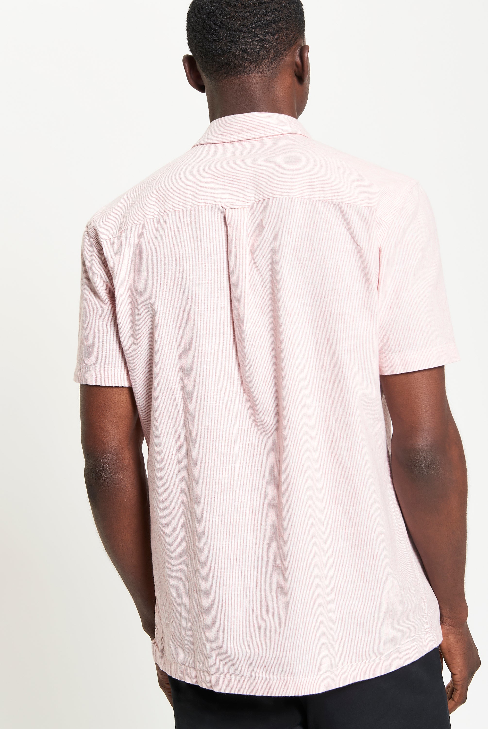 Back view of Ticking Stripe Shirt in light pink, showcasing short sleeves and classic point collar.