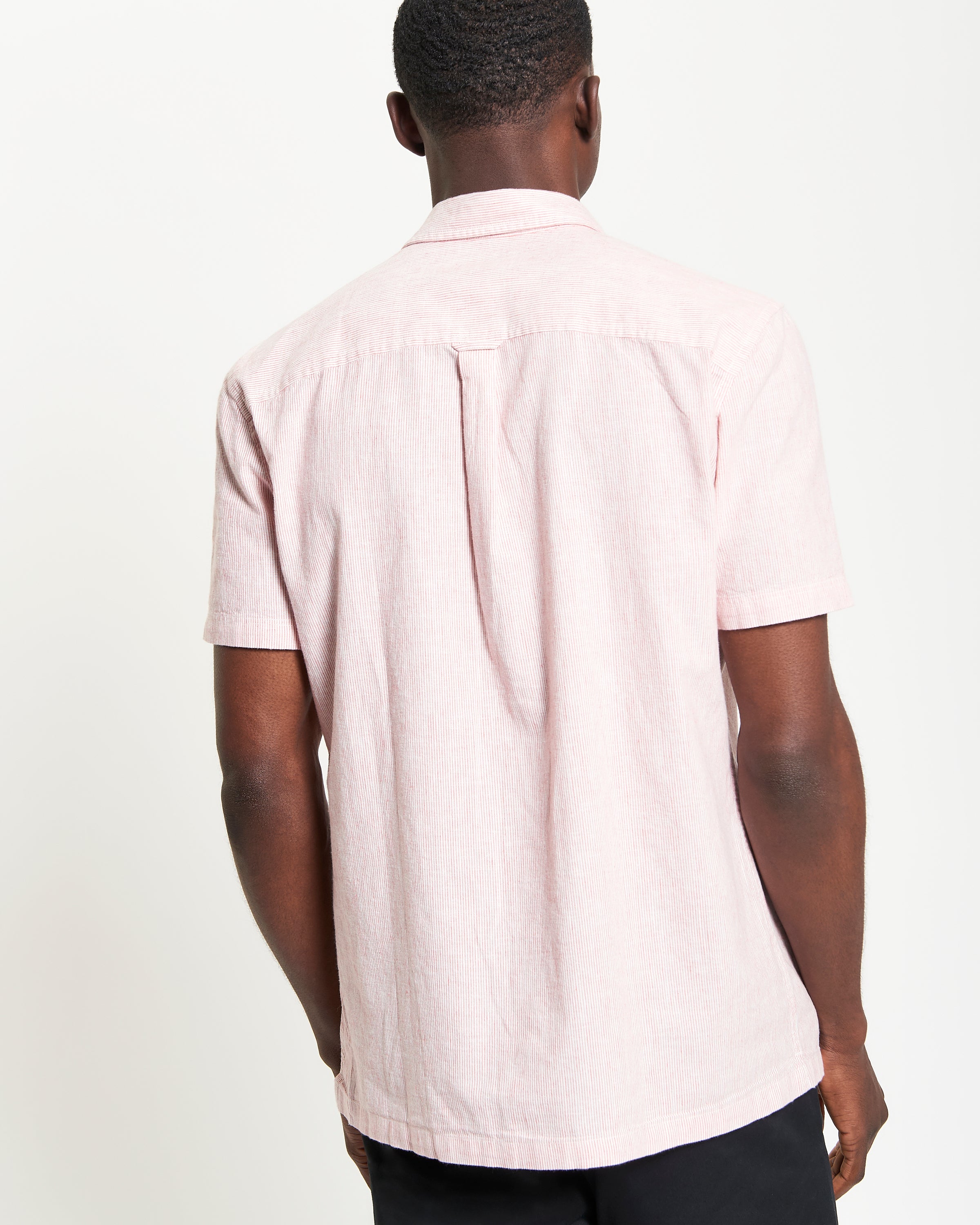 Back view of Ticking Stripe Shirt in light pink, showcasing short sleeves and classic point collar.