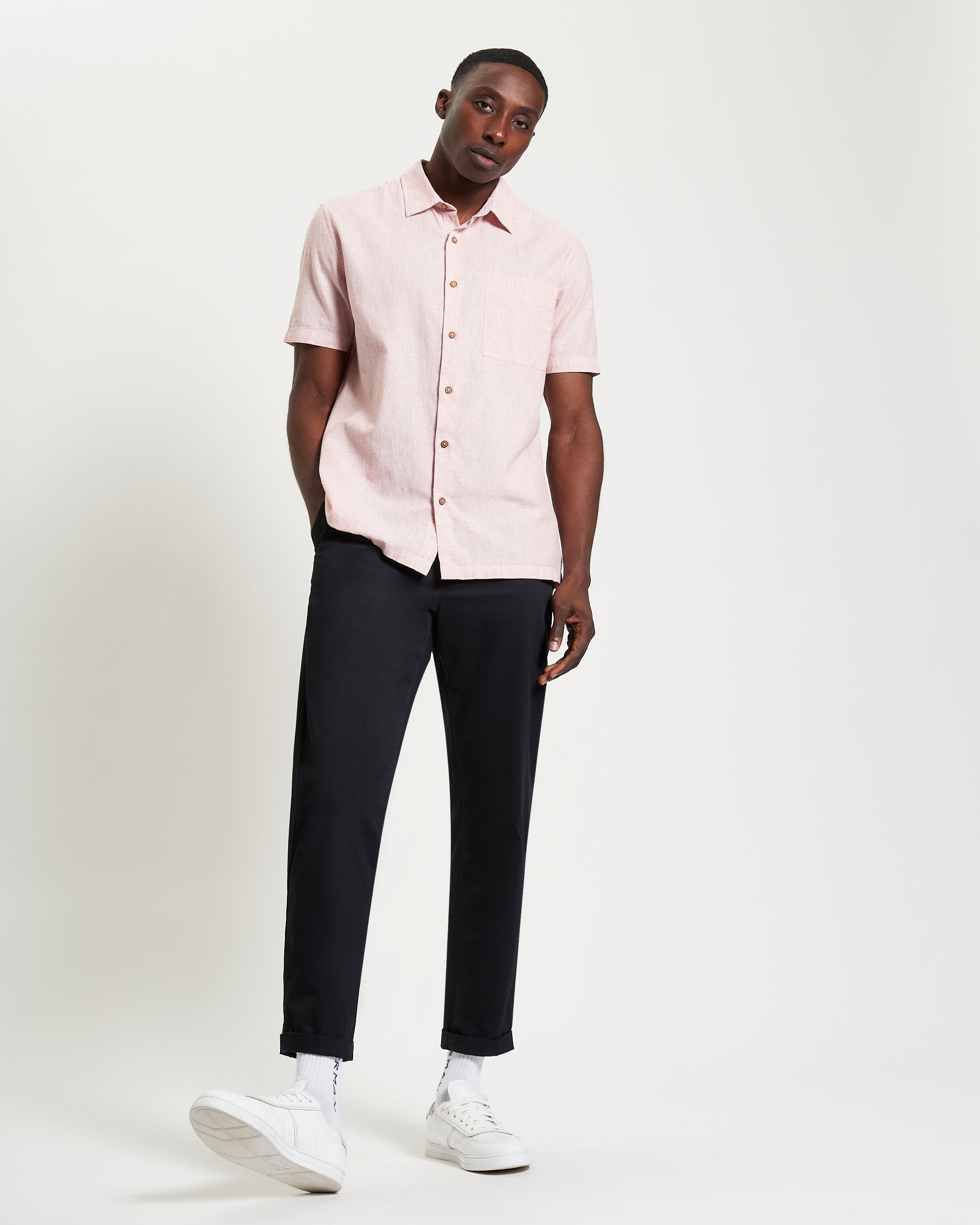 Ticking Stripe Shirt – casual short-sleeve style in breathable cotton-linen blend, ideal for warm-weather looks.