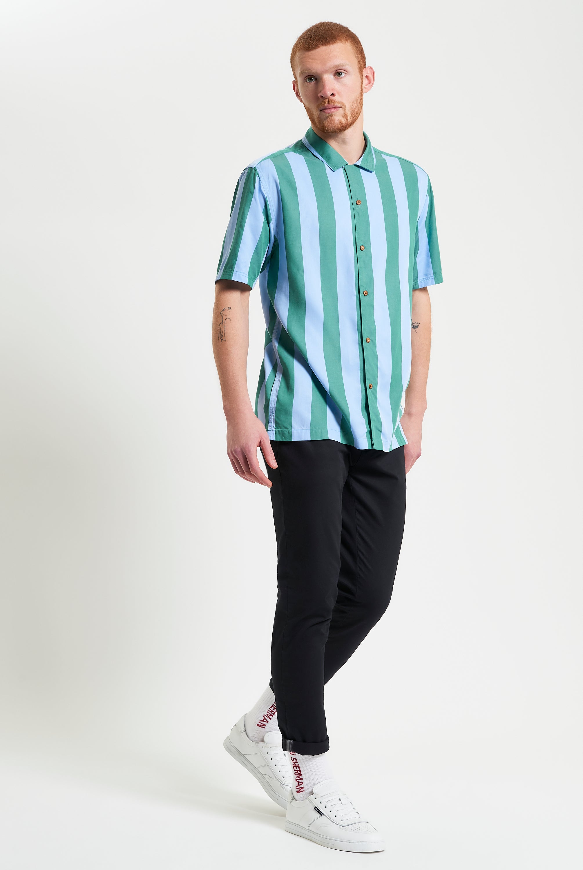 Viscose Stripe Shirt – Short-sleeve shirt featuring a revere collar and relaxed fit in a bold green and blue stripe design.