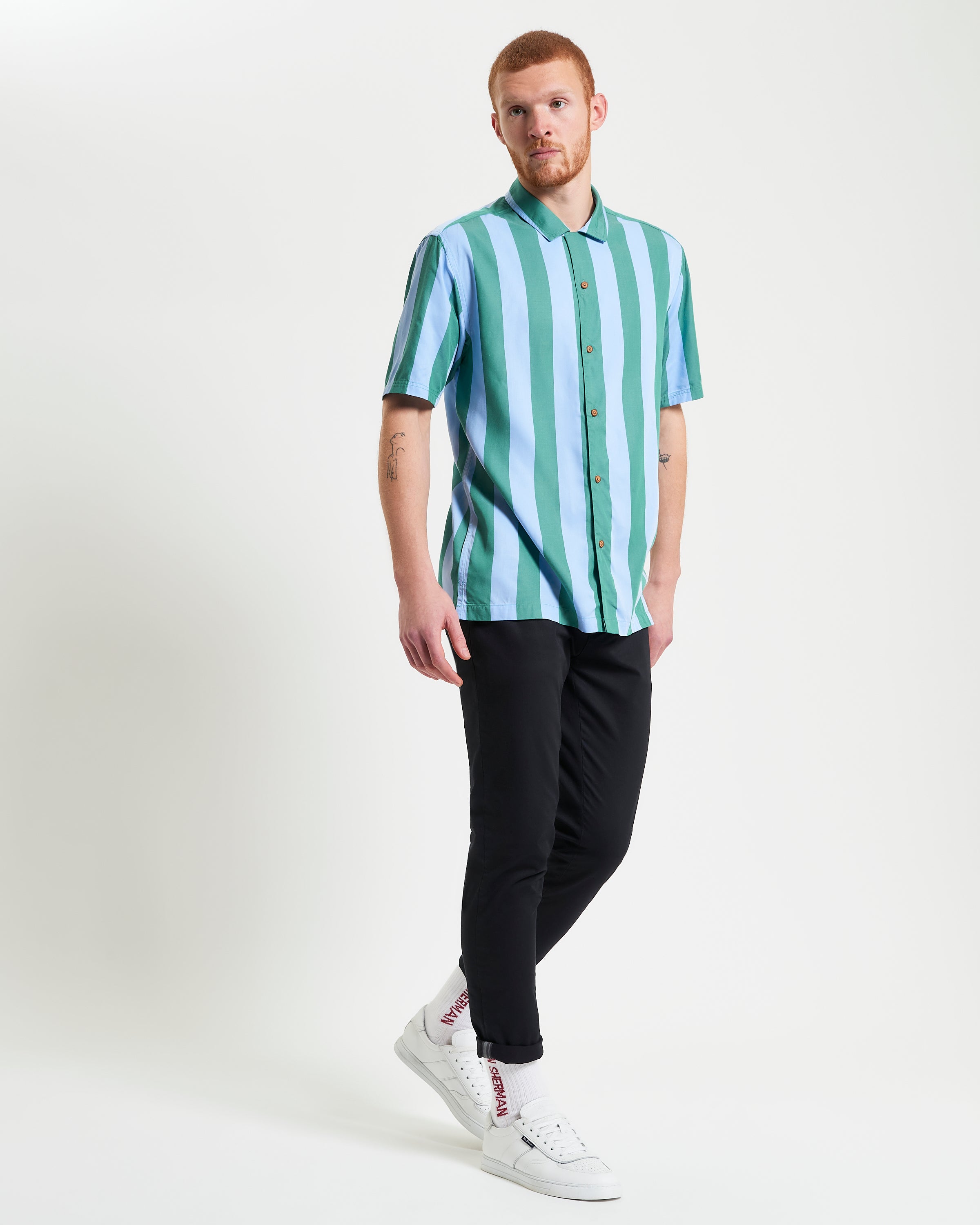 Viscose Stripe Shirt – Short-sleeve shirt featuring a revere collar and relaxed fit in a bold green and blue stripe design.