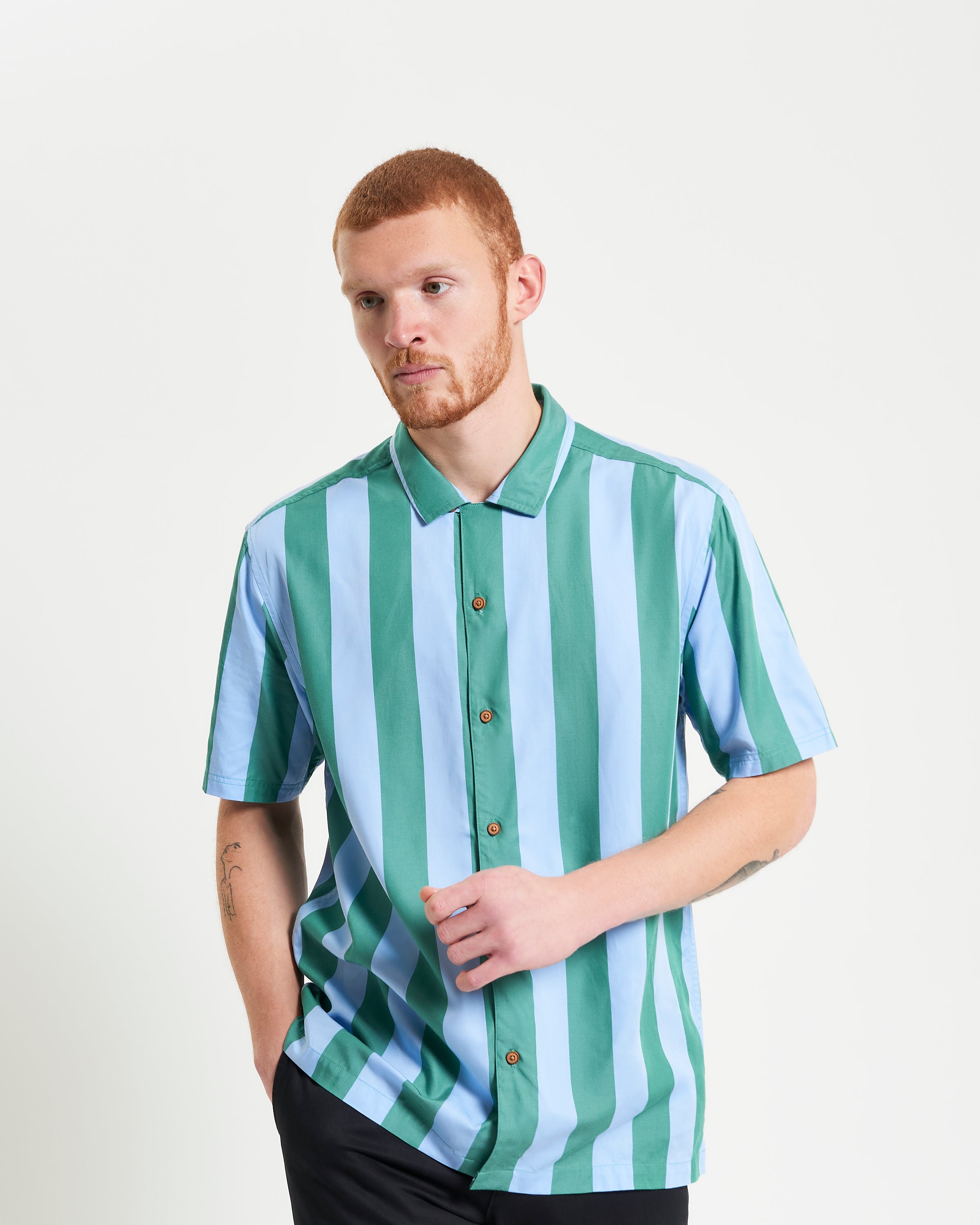 Viscose Stripe Shirt – green and blue striped design, short sleeves, relaxed fit, and revere collar, perfect for warm weather.