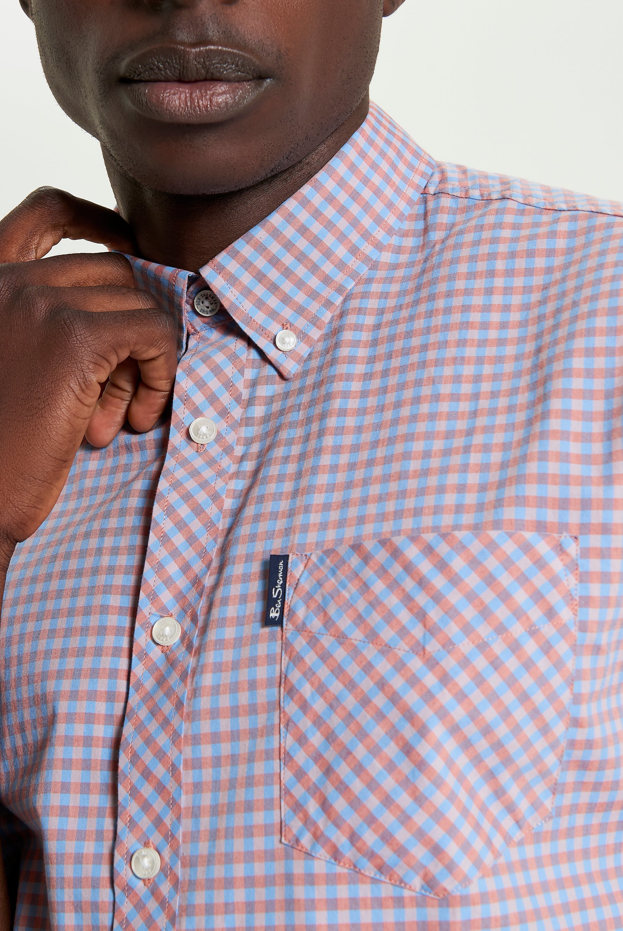 Signature Gingham Short Sleeve Shirt – orange and blue check pattern with button-down collar and chest pocket
