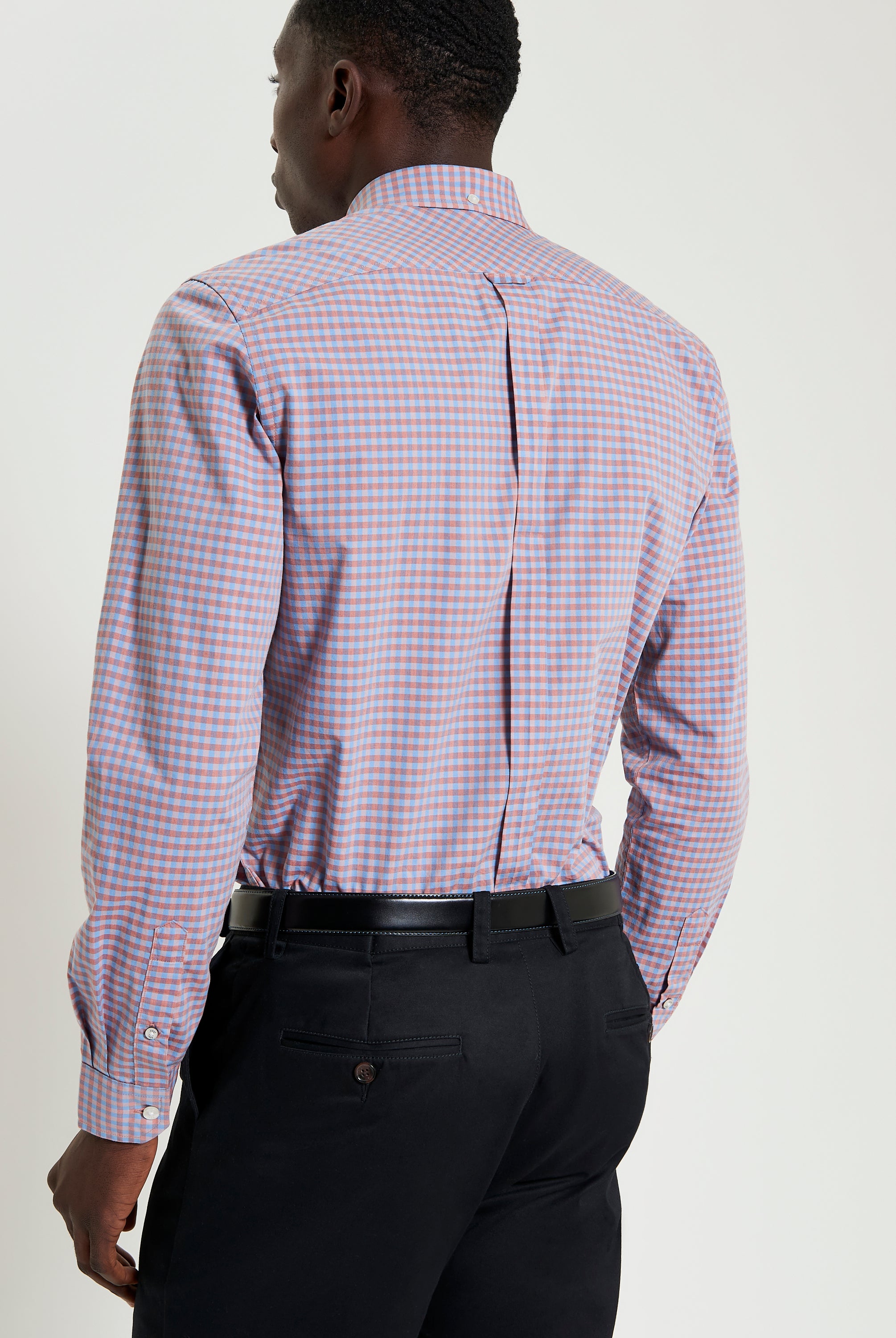 Signature Gingham Long Sleeve Shirt – back view showcasing the button-down collar and back box pleat.