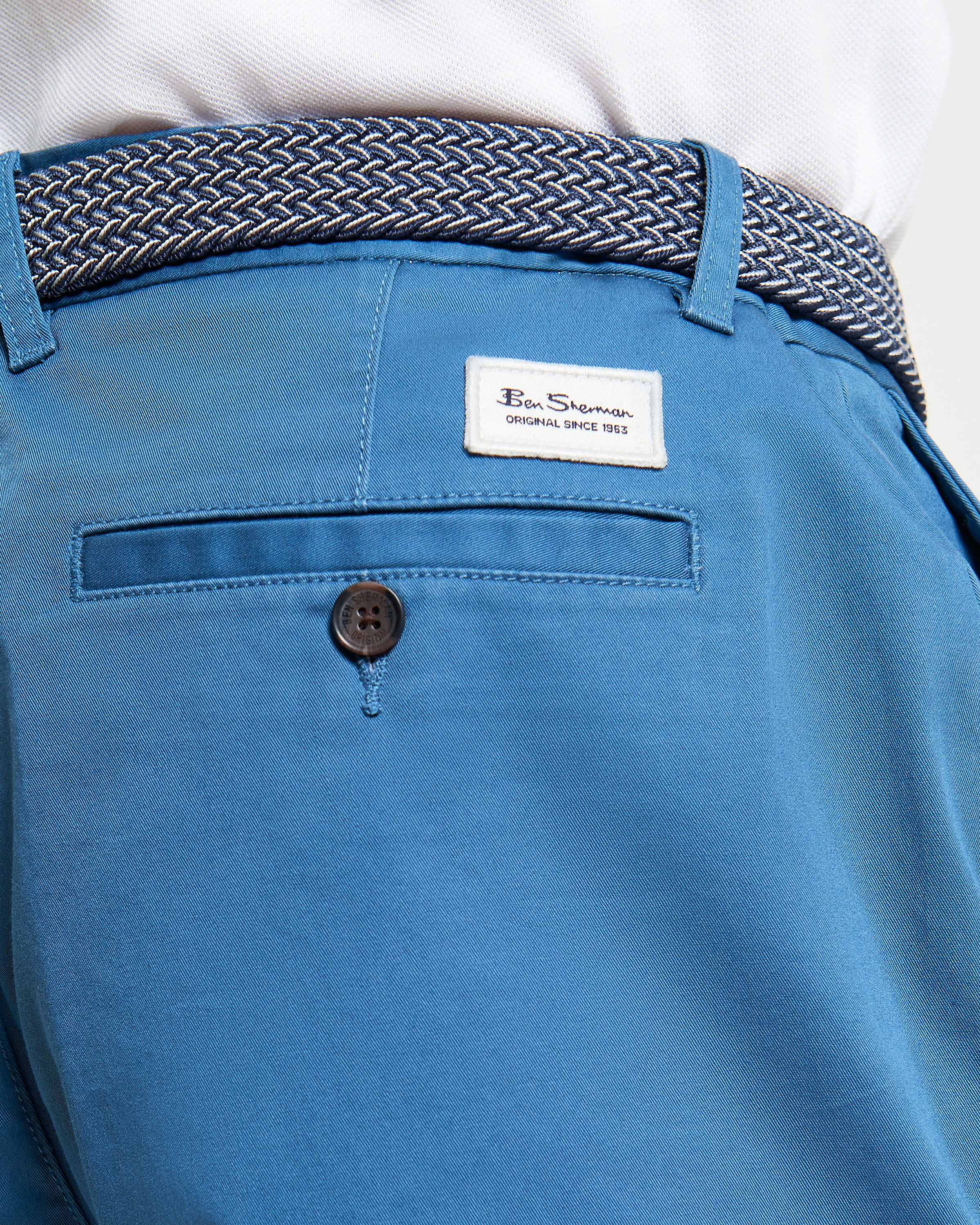 Signature Chino Short – blue with branded button and badge detail on the back pocket