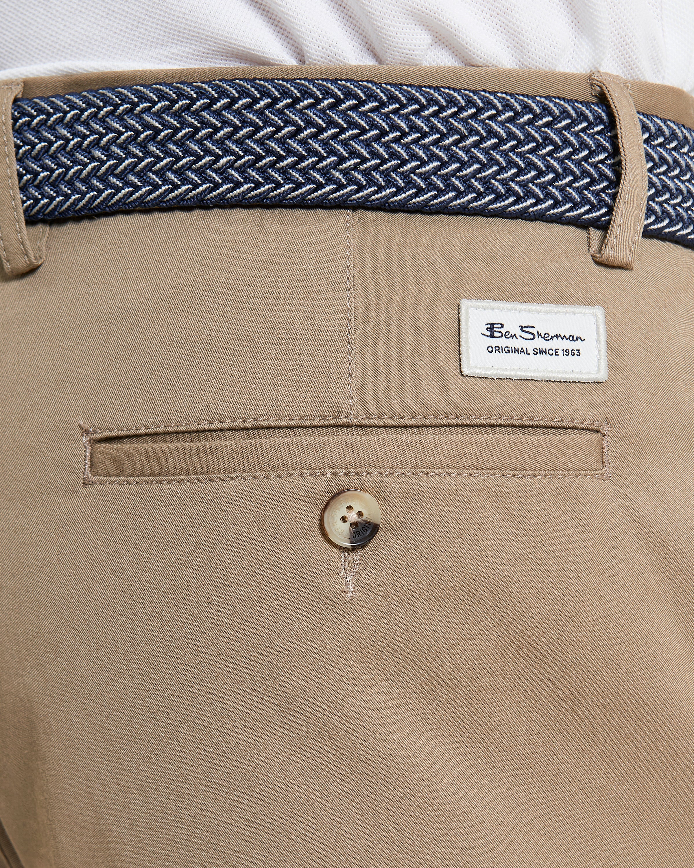 Signature Chino Short – back view with branded label and woven belt detail