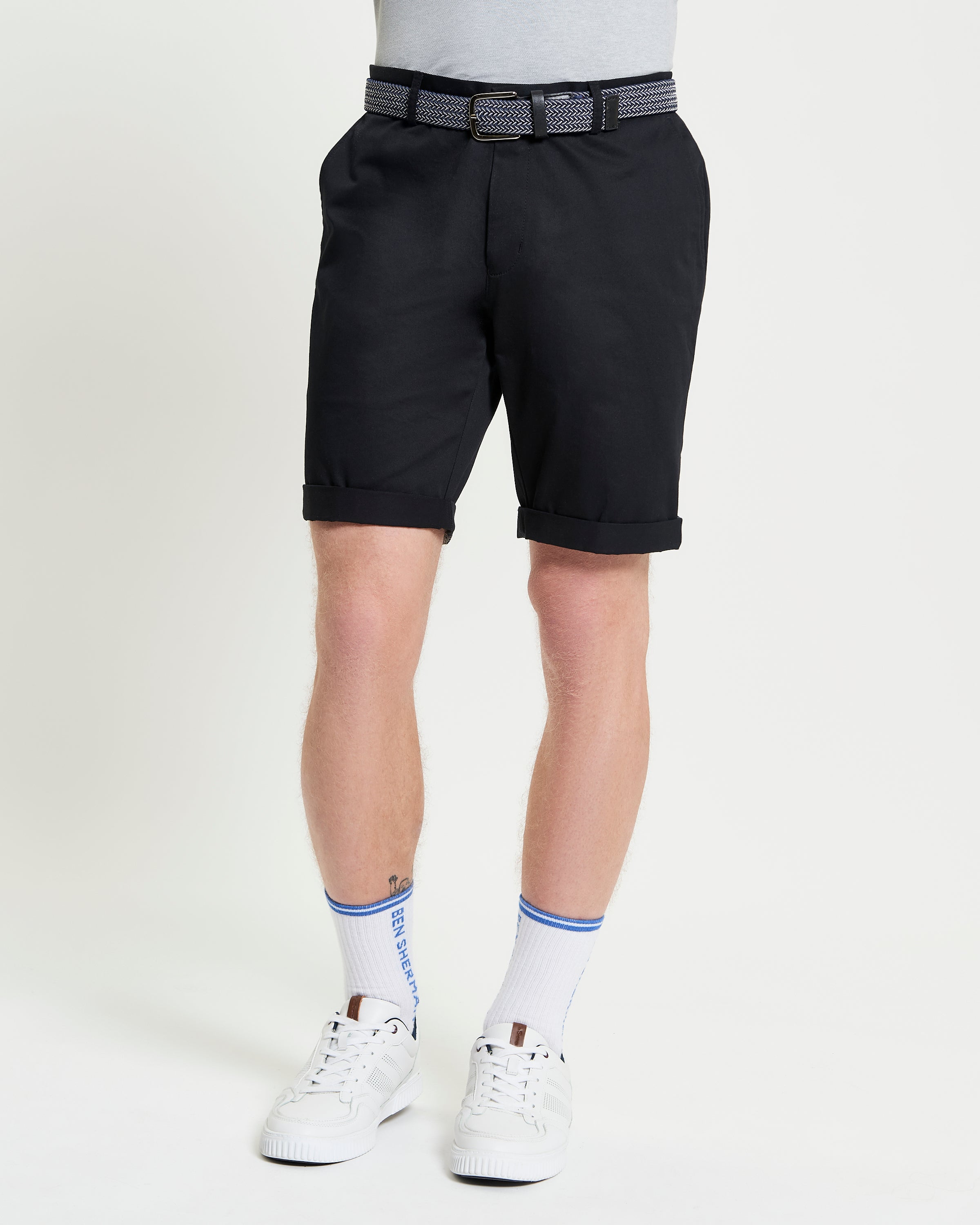 Signature Chino Short – Black – Smart and versatile cotton chino shorts with belt and stylish cuffed hem.