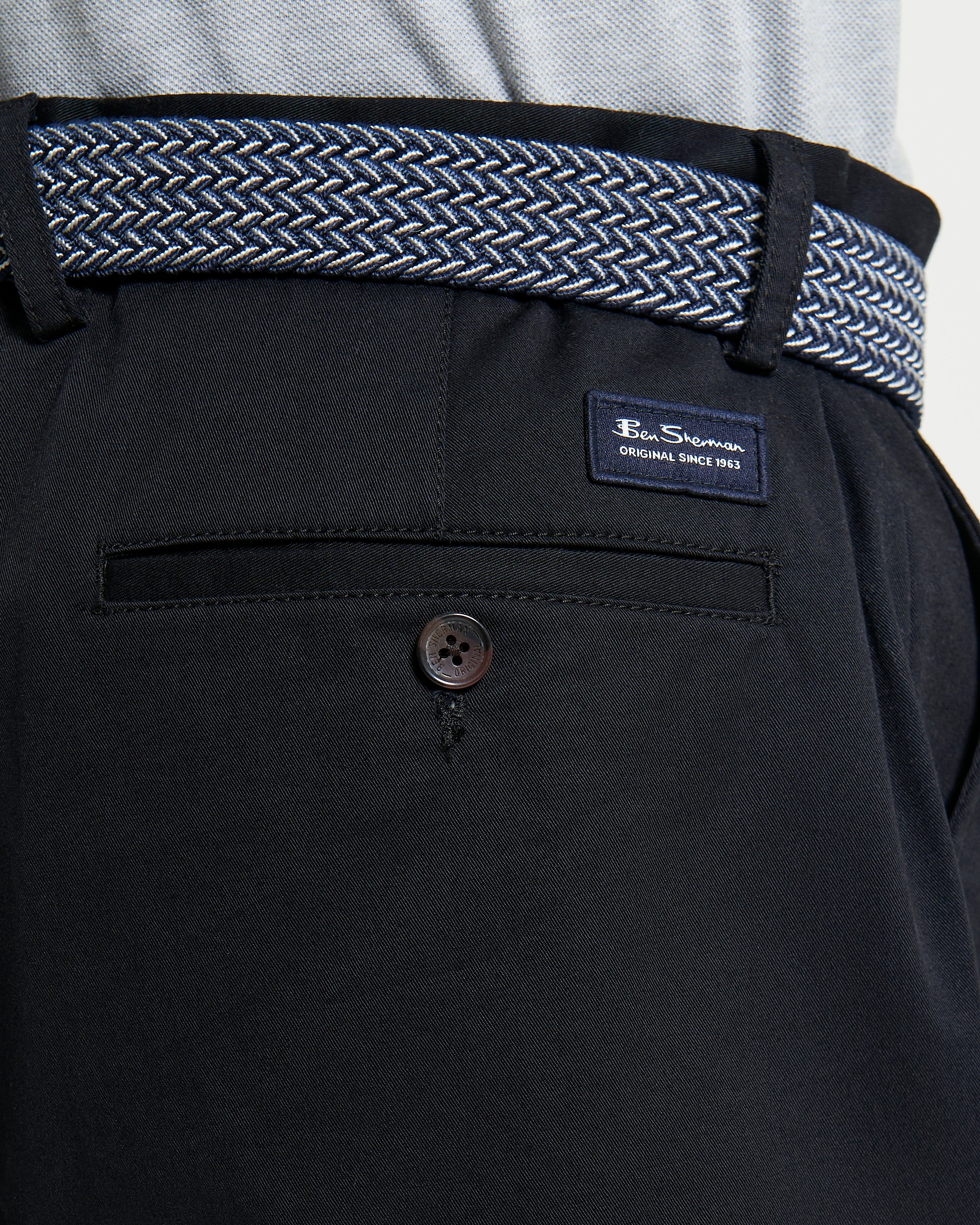Signature Chino Short – black color showcasing the woven belt and back pocket detail.