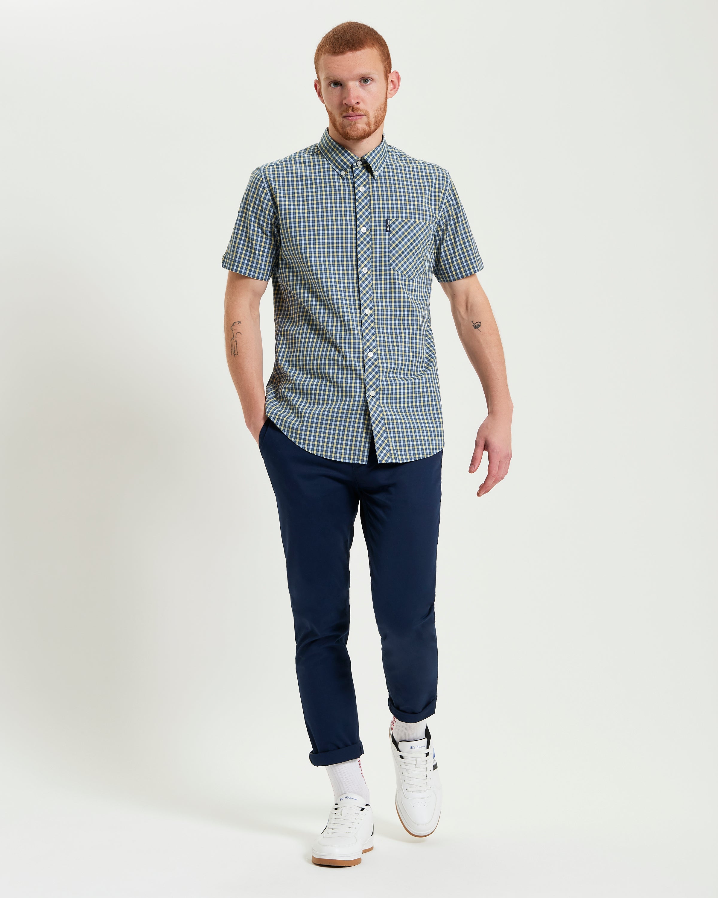 Signature House Check Short Sleeve Shirt model wearing outfit with navy pants and sneakers