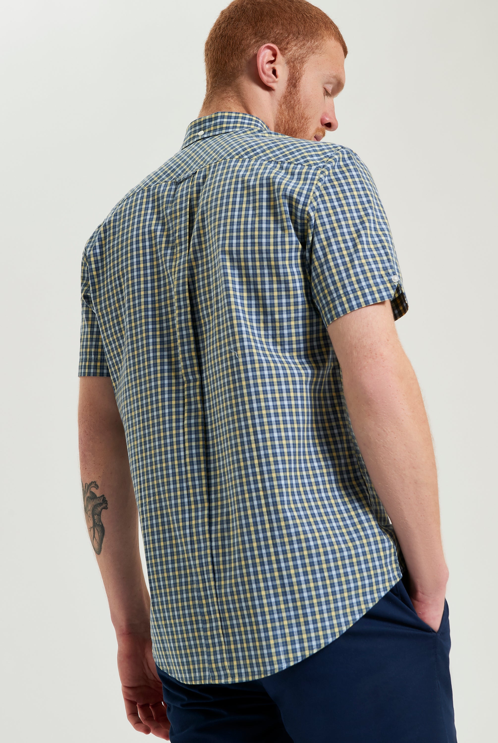 Signature House Check Short Sleeve Shirt – back view showcasing organic cotton craftsmanship and classic check pattern.