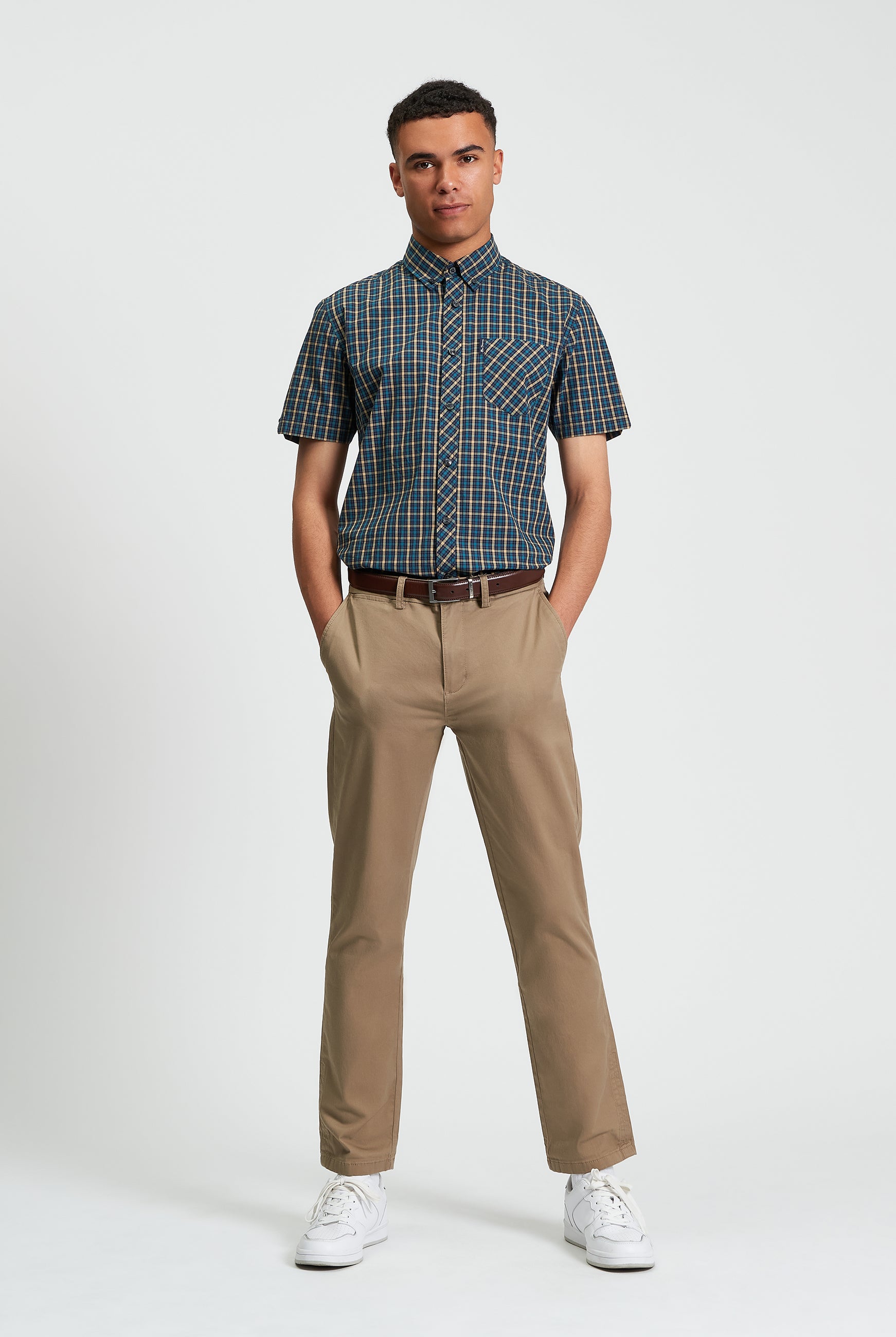 Signature House Check Short Sleeve Shirt - Teal- Full Length