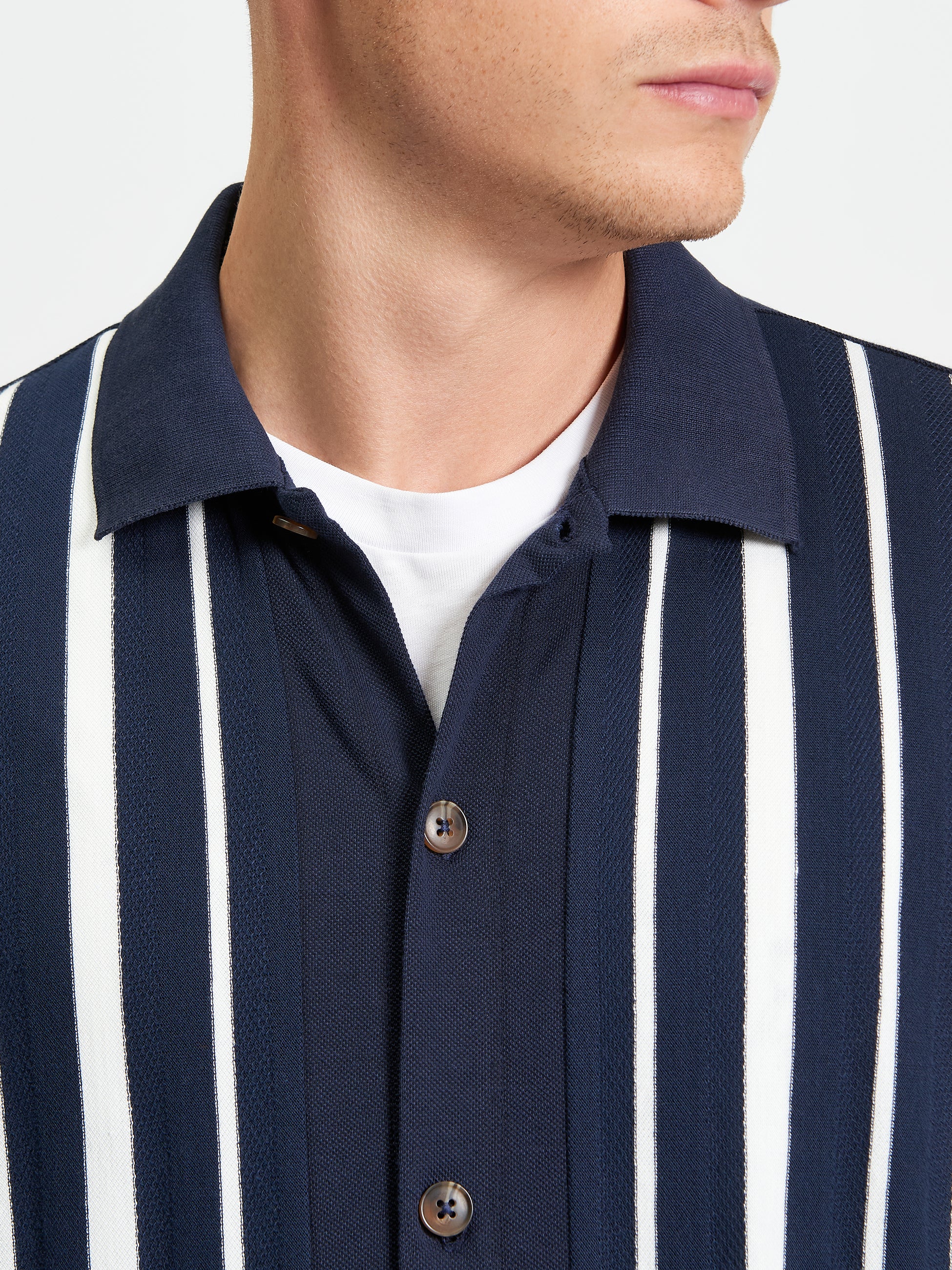 Button Up Stripe Polo Navy