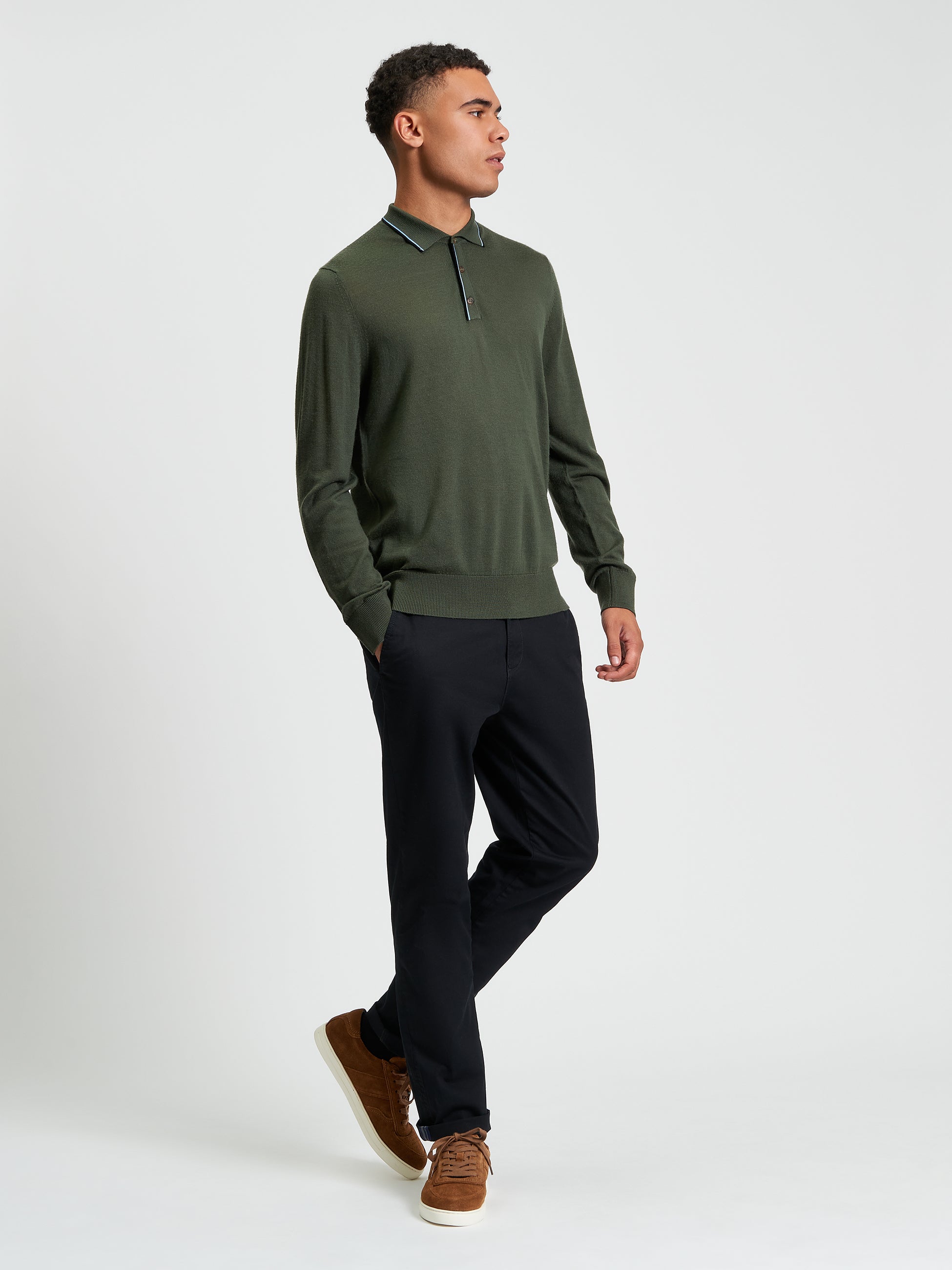 Wool Polo Top Long Sleeve Beige Tan