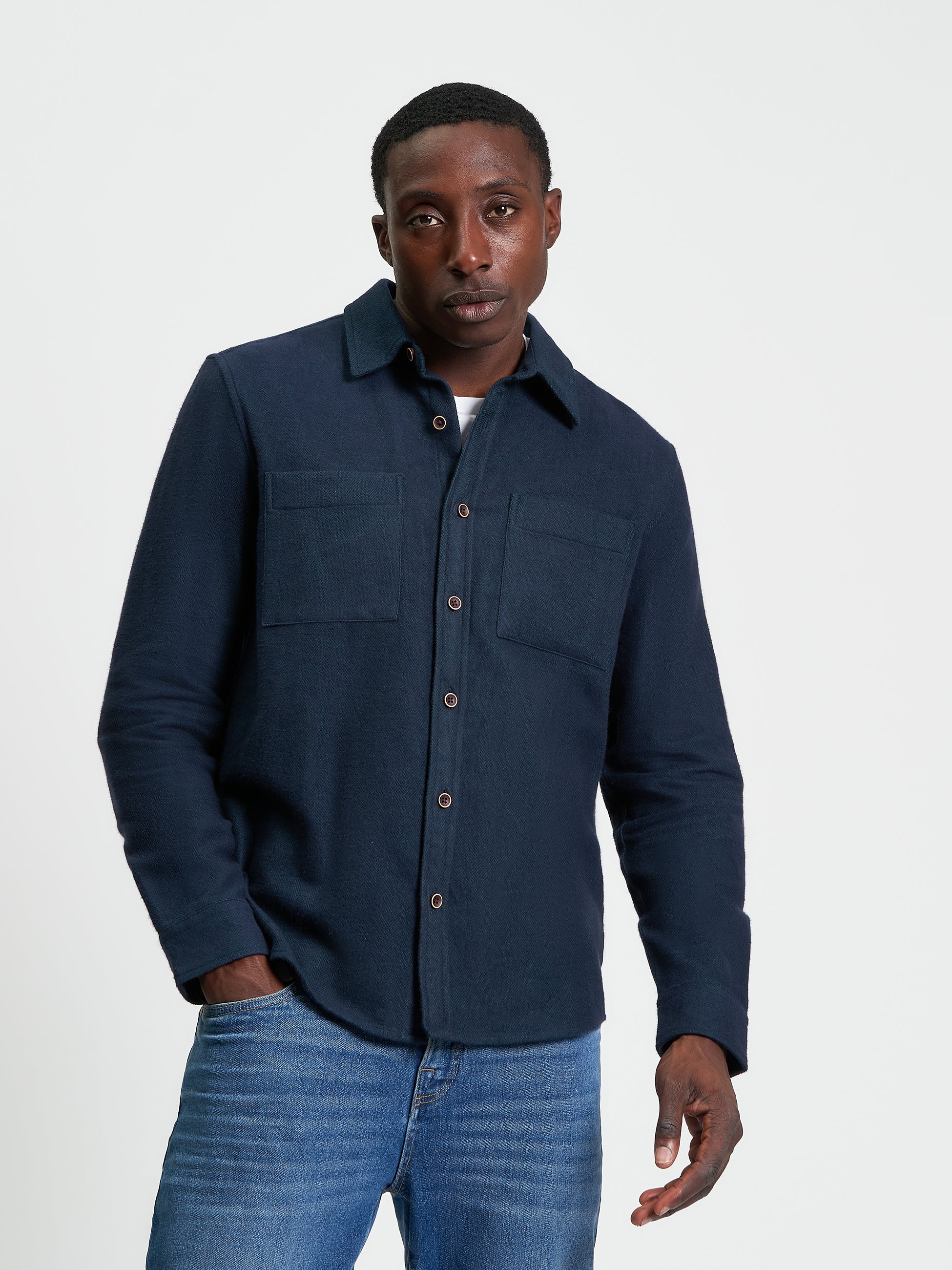 Brushed Herringbone Overshirt - Dark Green - Front