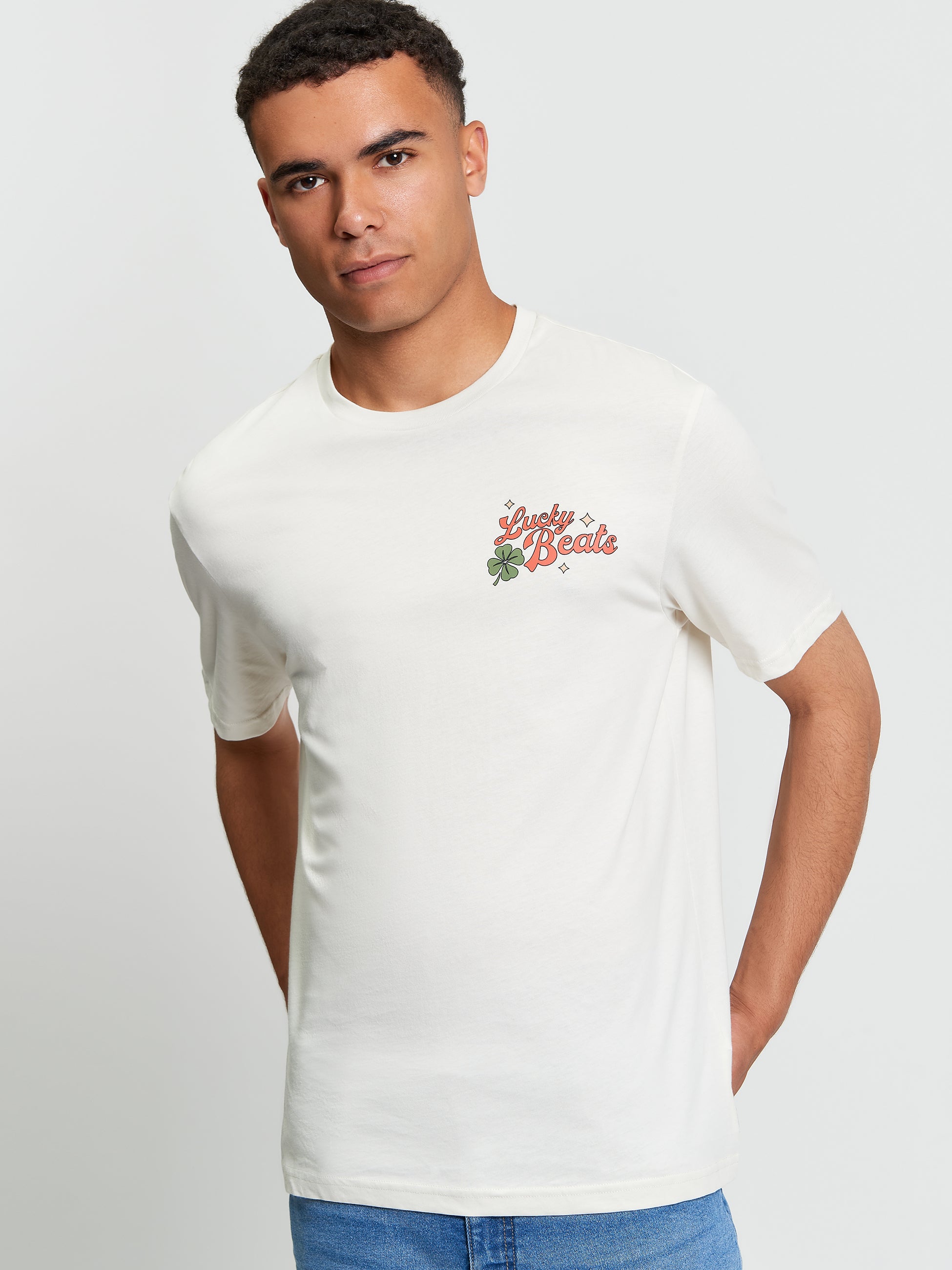 Lucky Beats Printed Graphic T-Shirt White