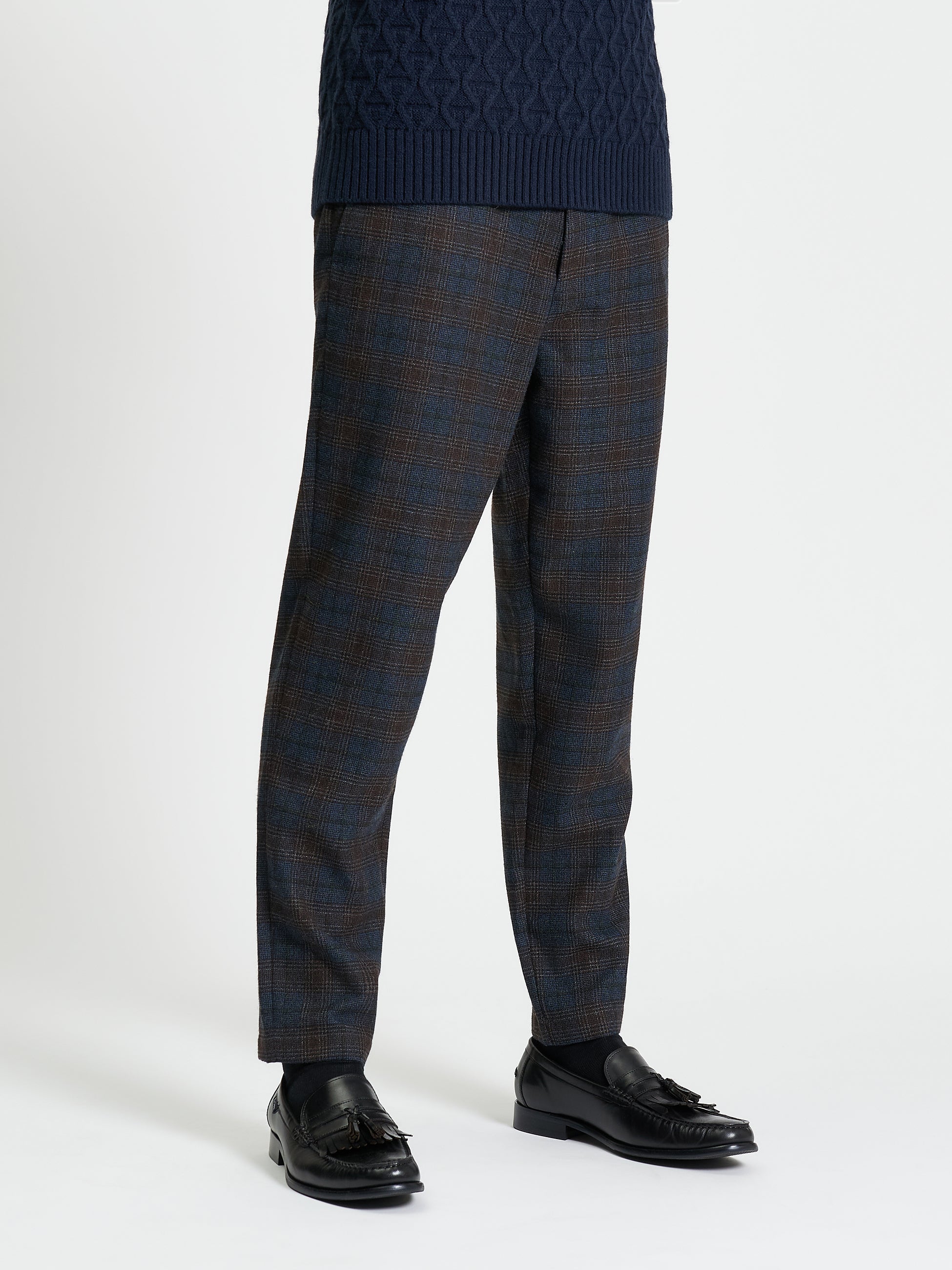 Check Slim Taper Trouser - Dark Navy Front