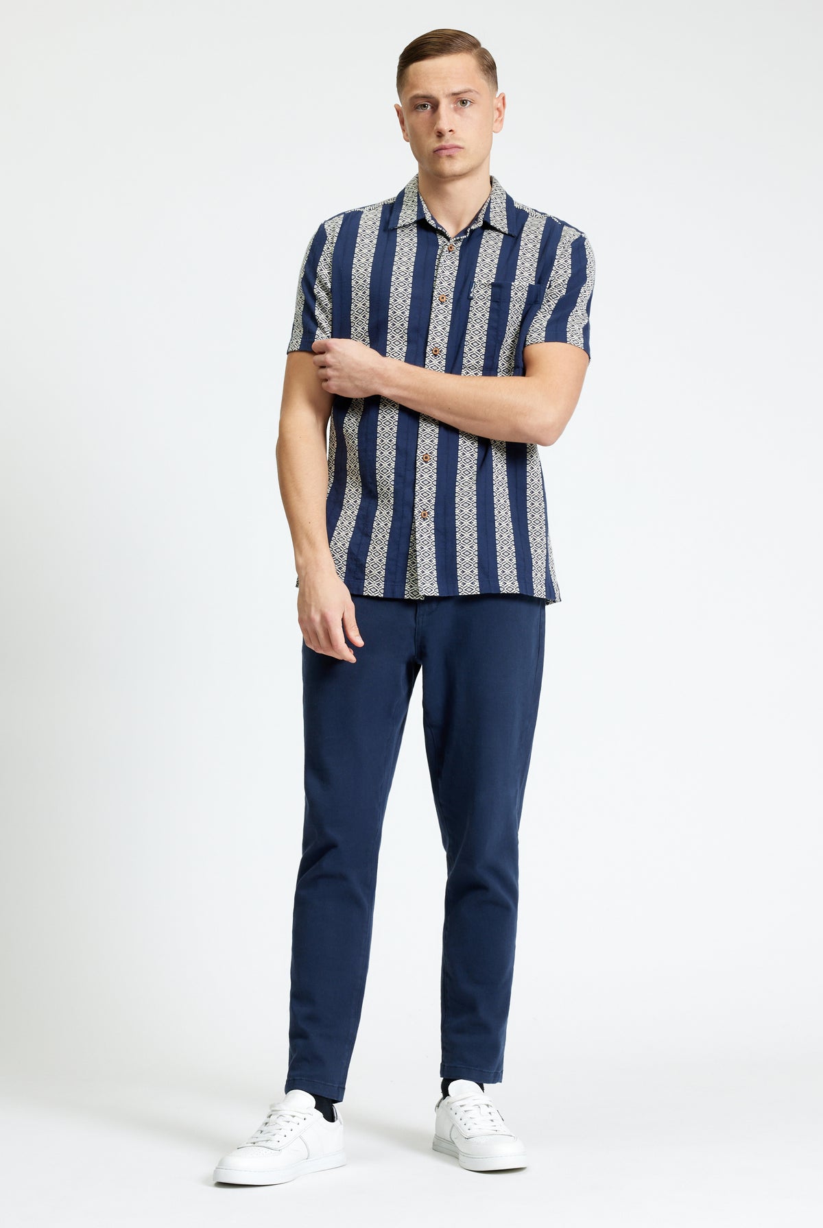 Short Sleeve Block Geo Jacquard Stripe Shirt - Twilight Denim - Carnaby