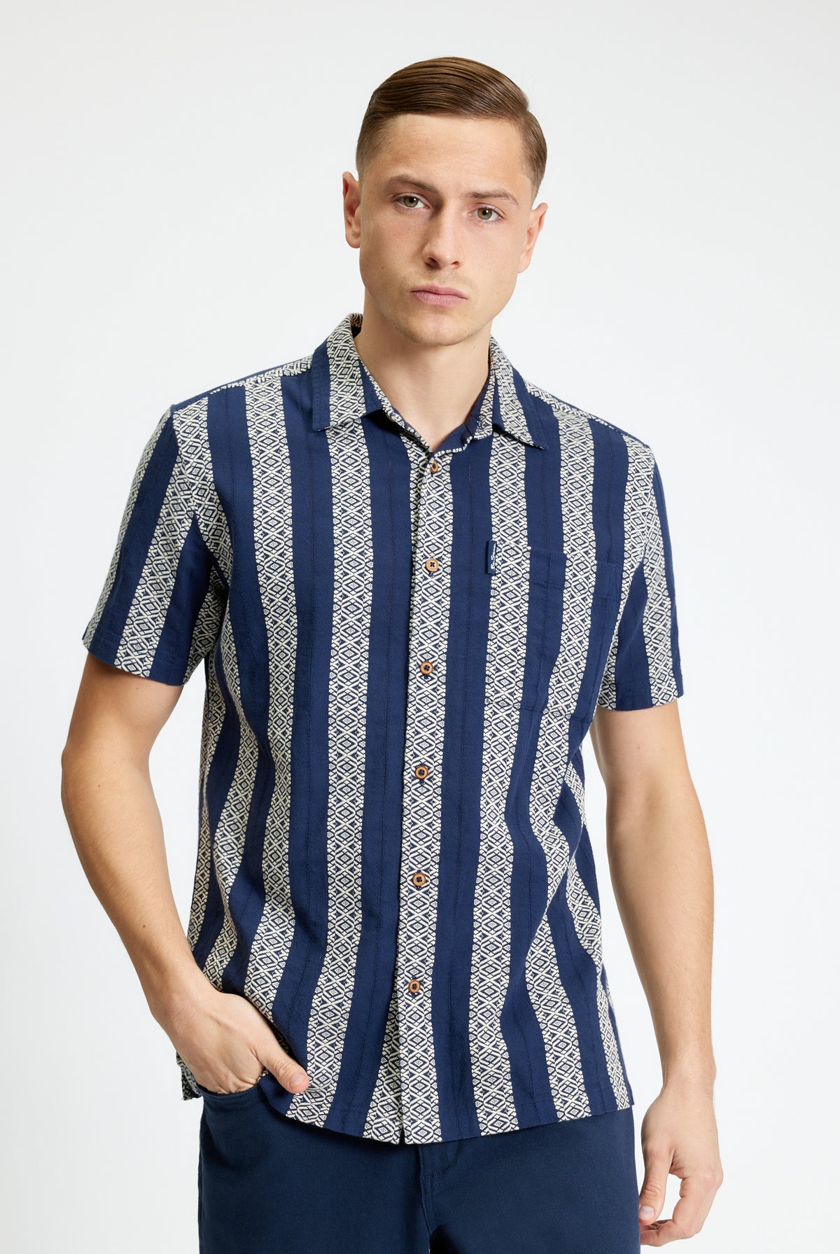 Short Sleeve Block Geo Jacquard Stripe Shirt - Twilight Denim - Styled