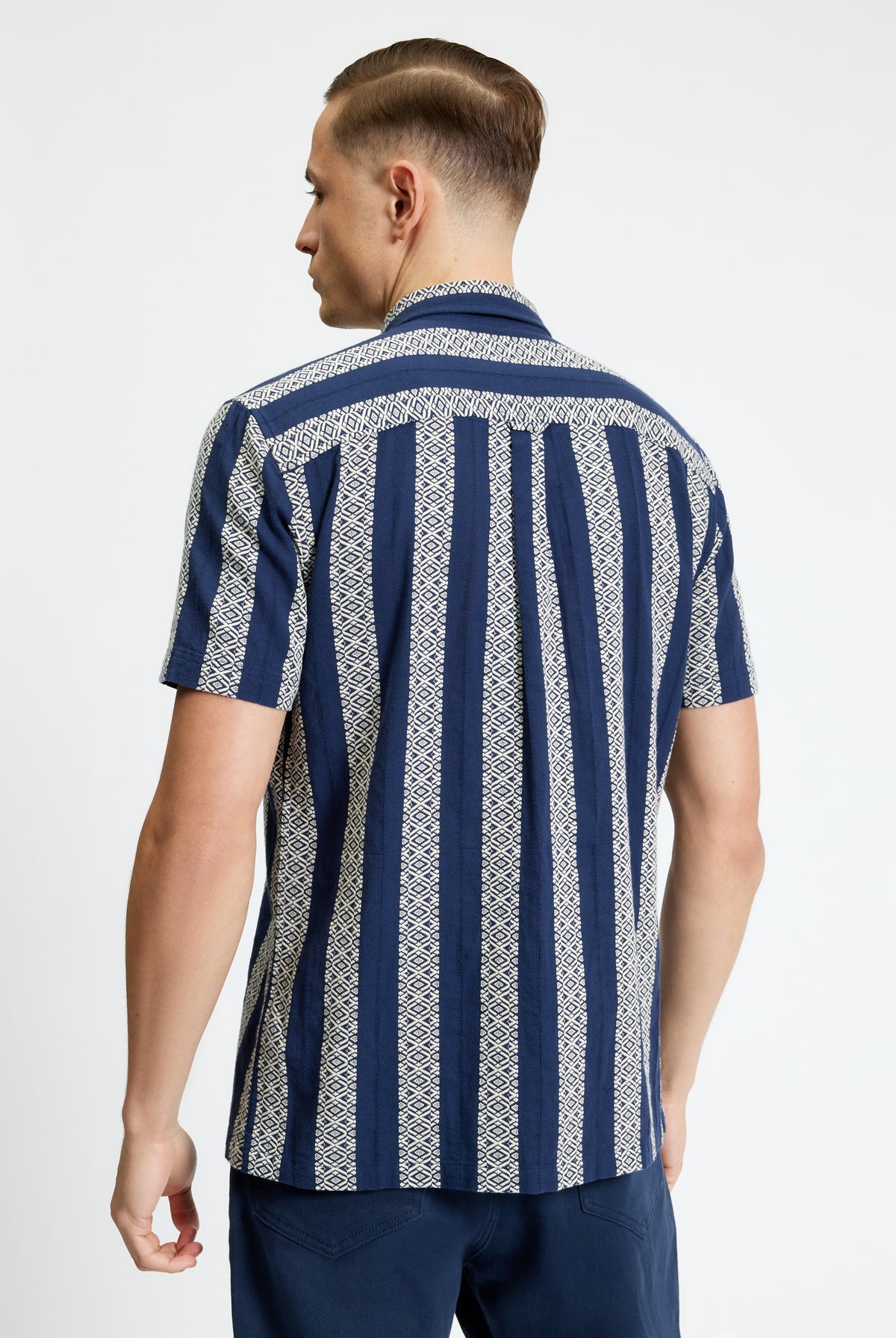 Short Sleeve Block Geo Jacquard Stripe Shirt - Twilight Denim - Back View