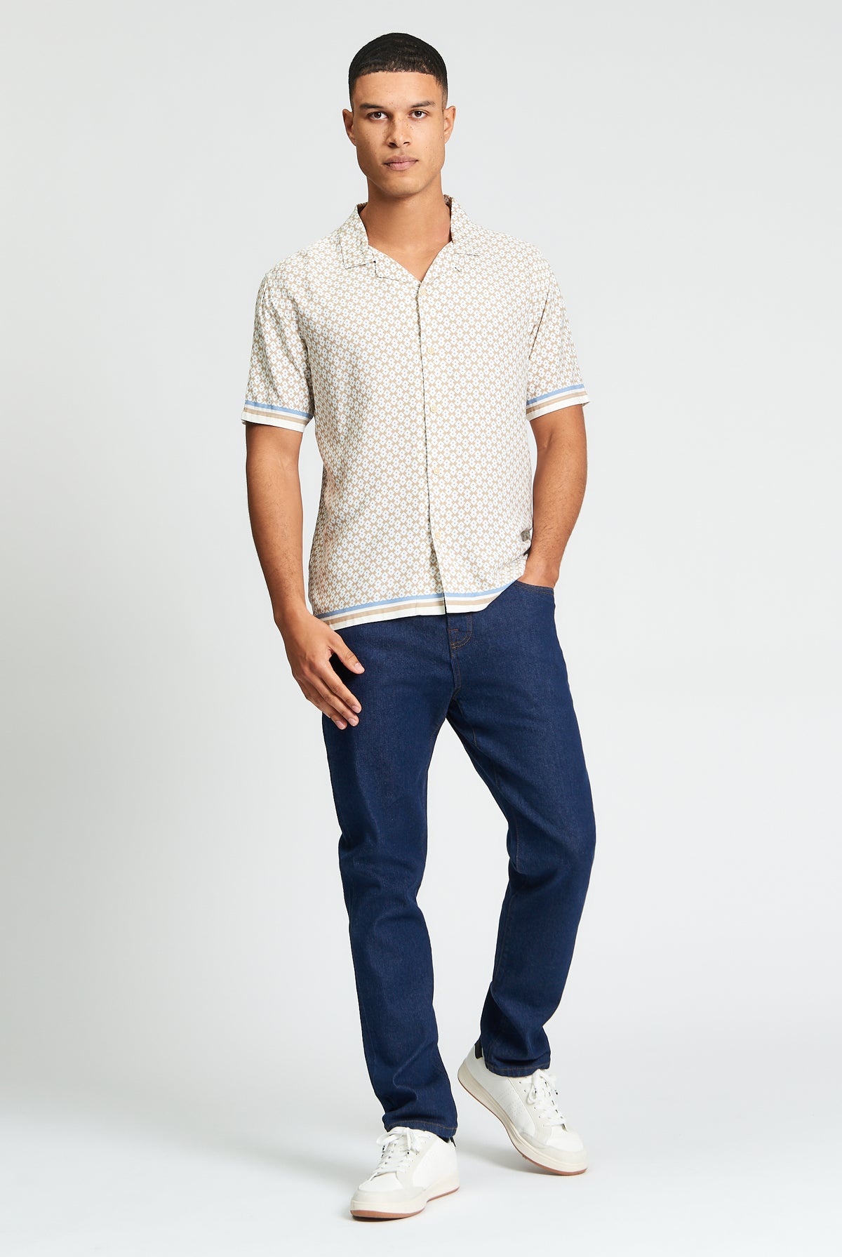 Short Sleeve Geo Border Print Shirt - Sand - London Relaxed