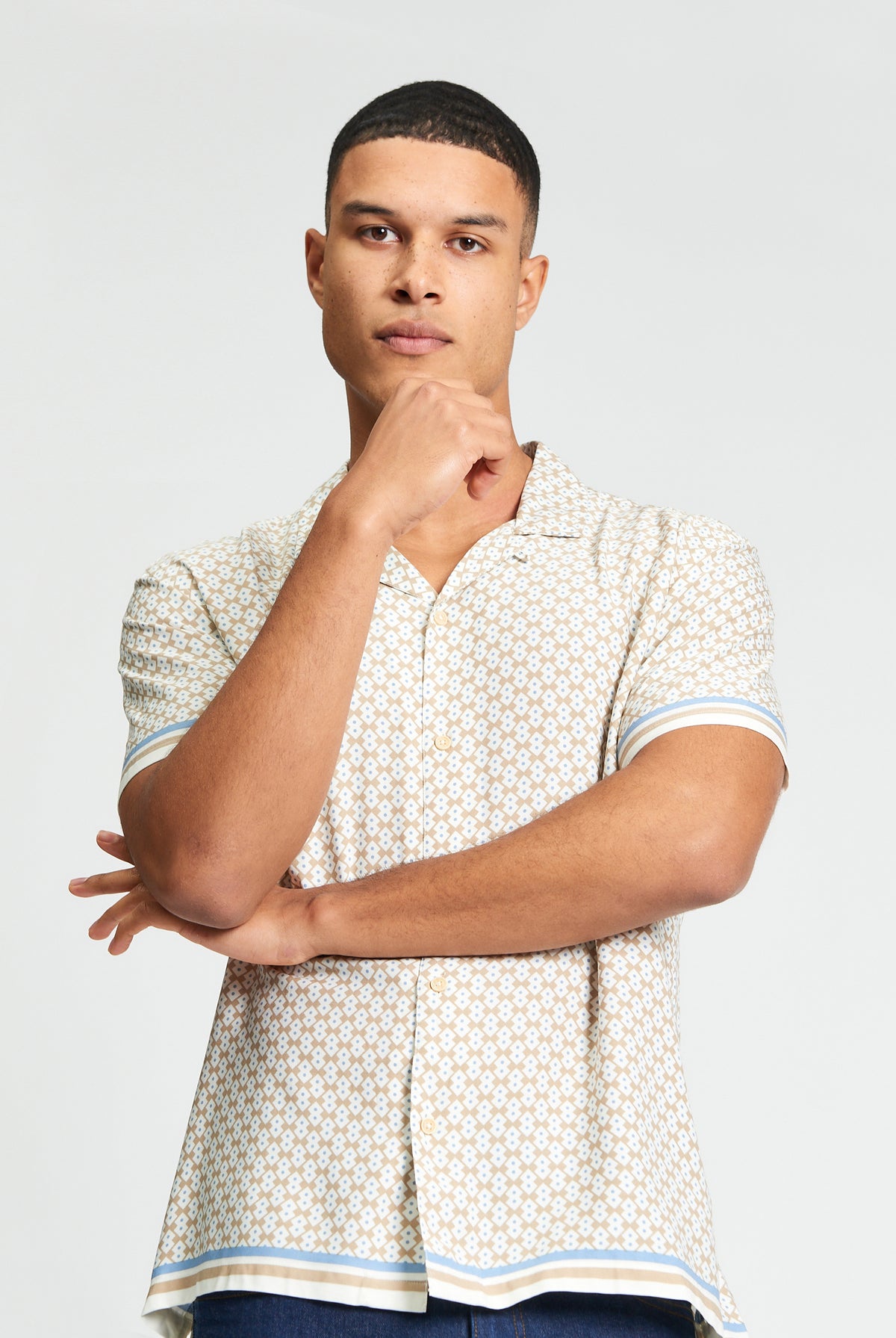 Short Sleeve Geo Border Print Shirt - Sand - Styled