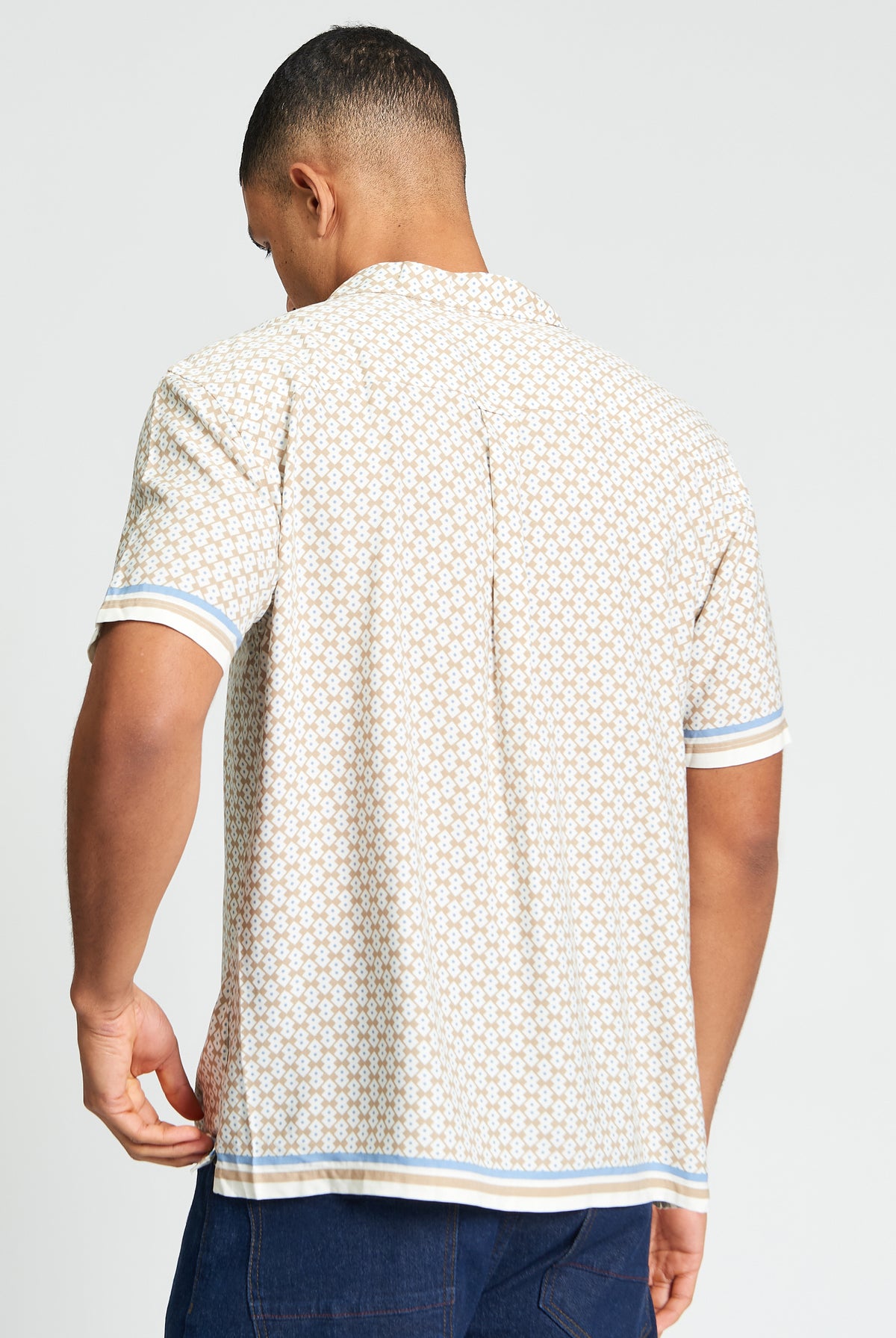 Short Sleeve Geo Border Print Shirt - Sand - Back View