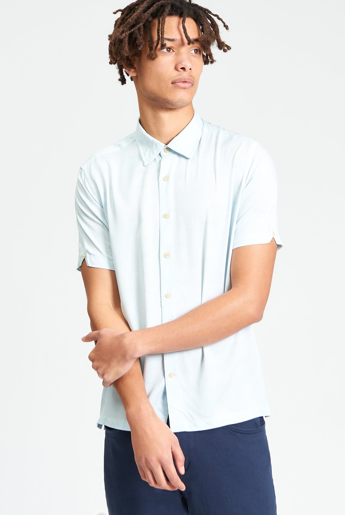 Short Sleeve Linear Print Shirt - Powder Blue - Styled
