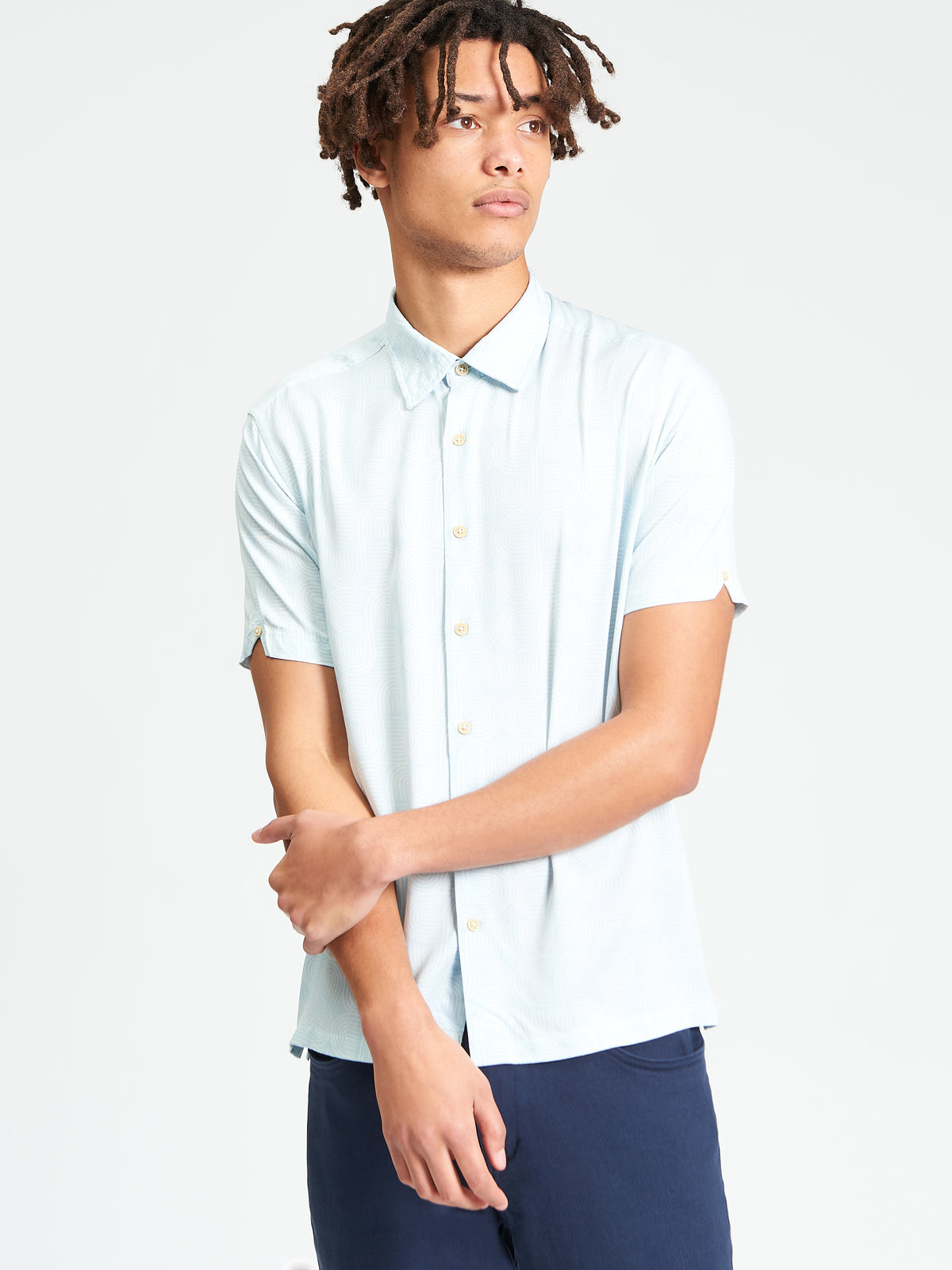 Short Sleeve Linear Print Shirt - Powder Blue - Styled