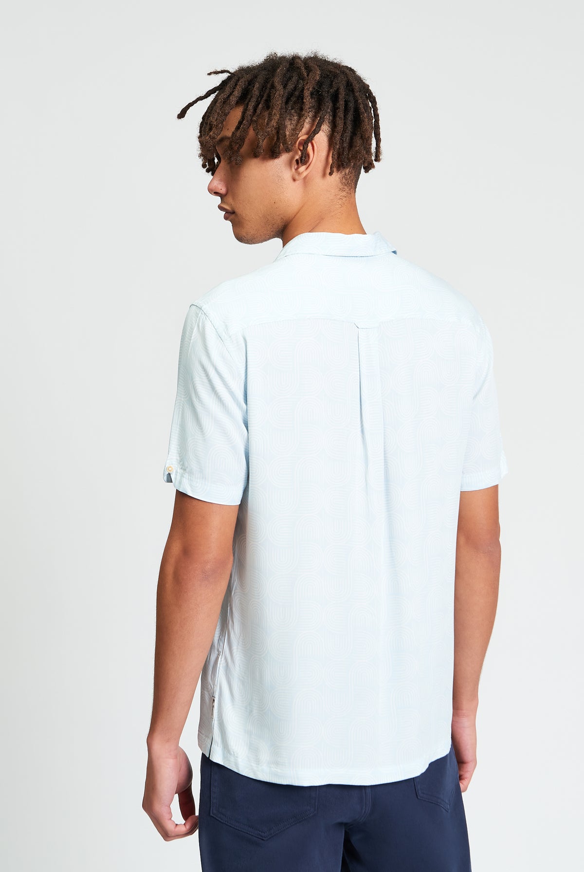 Short Sleeve Linear Print Shirt - Powder Blue - Back View