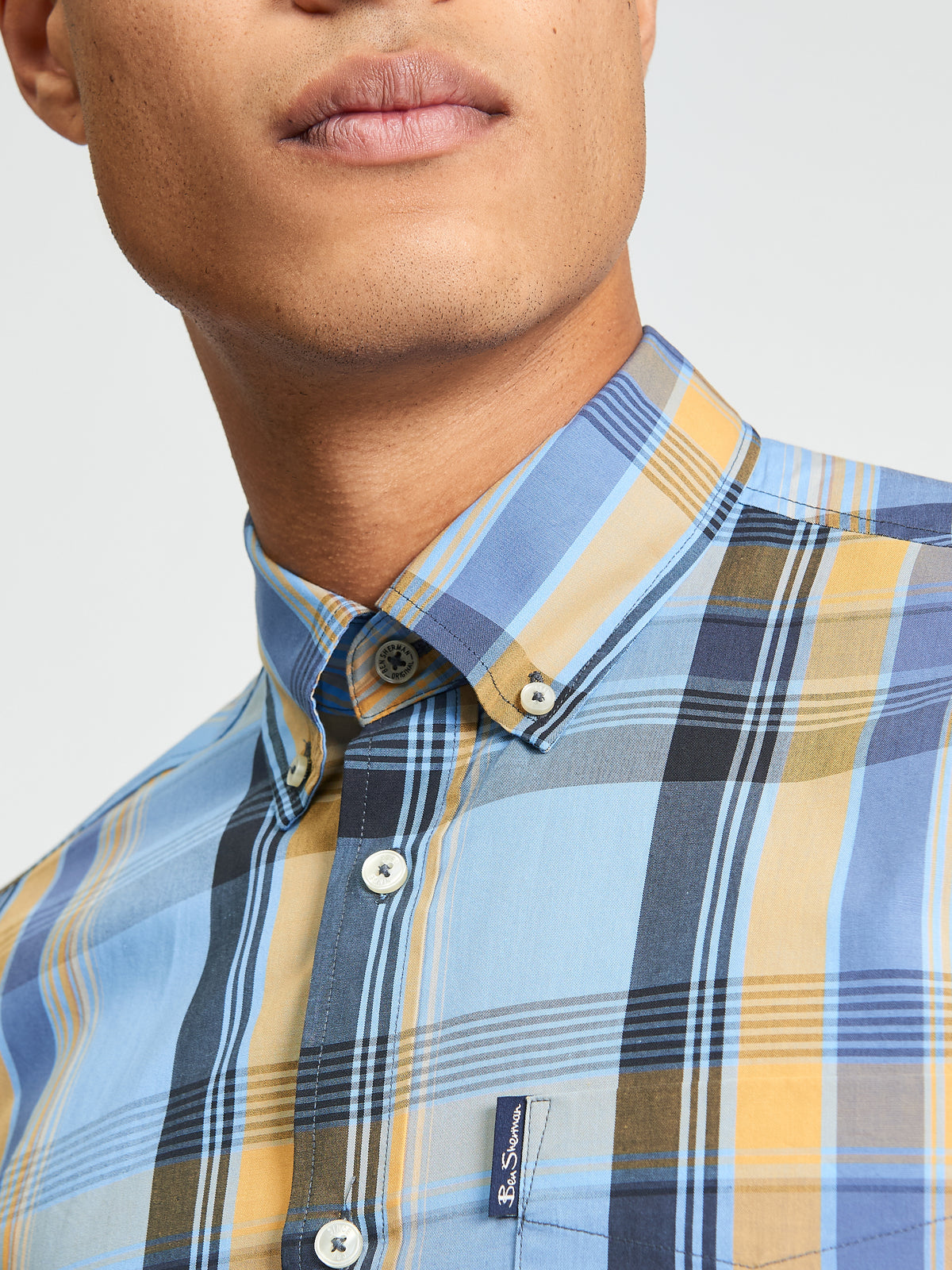 Short Sleeve Block Check Shirt - Lake Blue - Close-Up