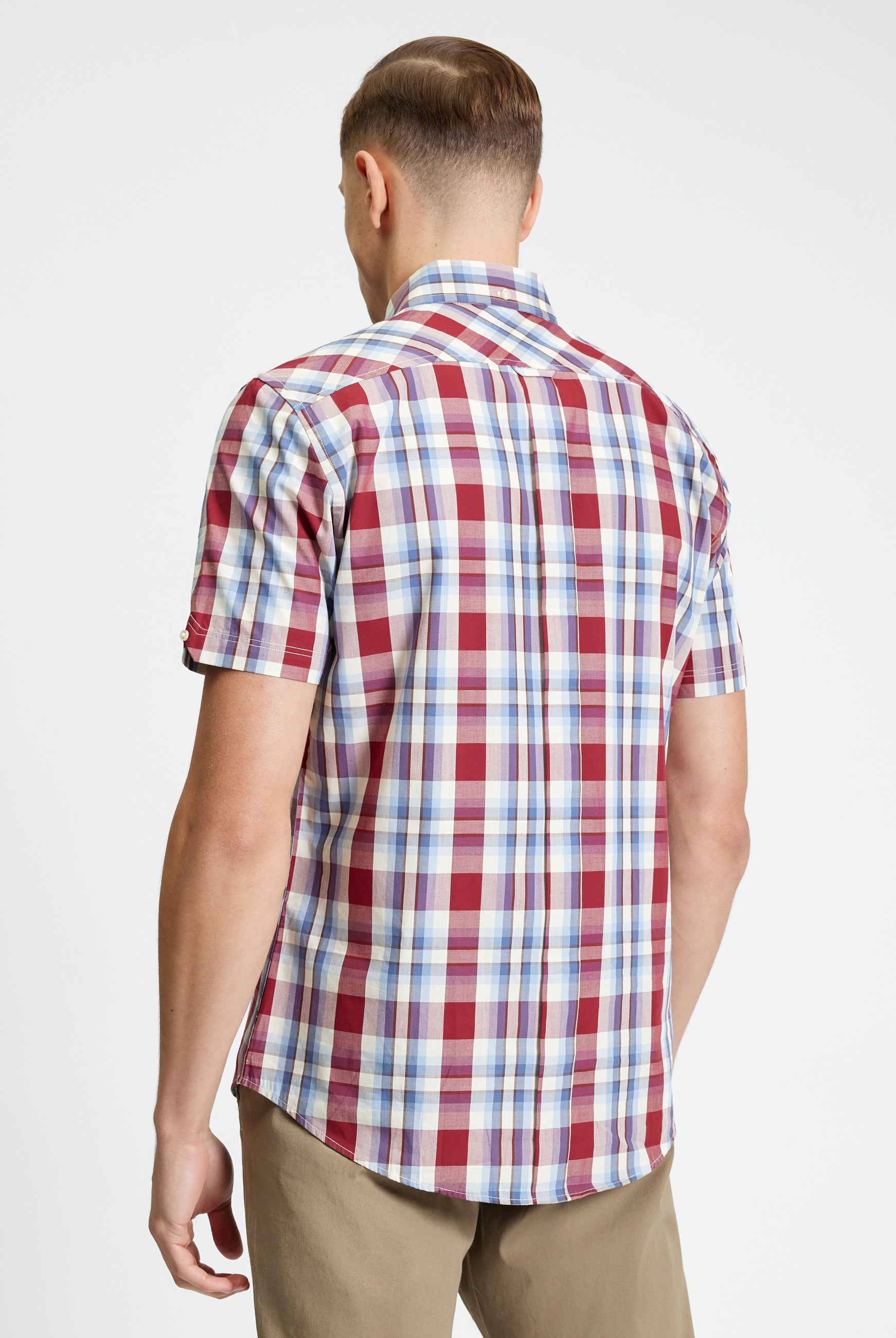 Classic Check Shirt – back view, short sleeve, red and blue plaid, crafted from organic cotton for comfort.