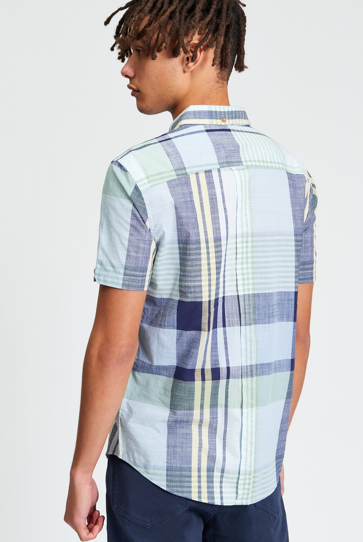Short Sleeve Large Madras Check Shirt - Powder Blue - Back View