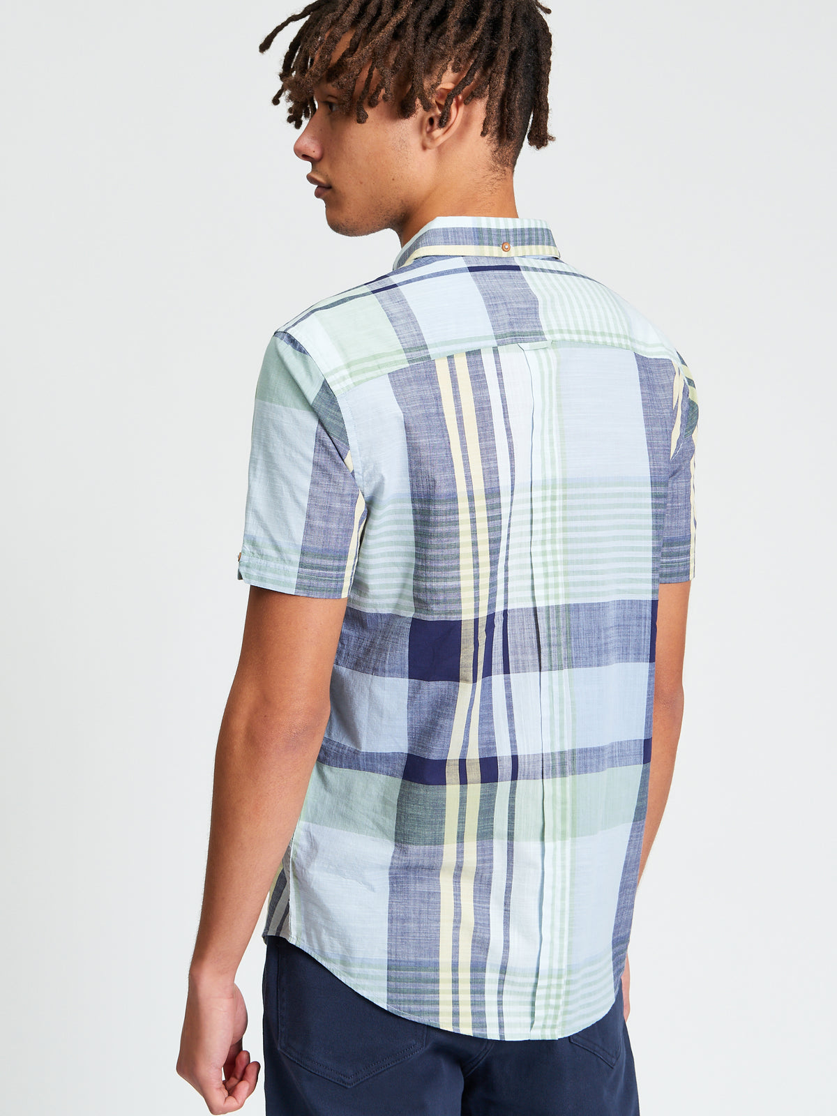 Short Sleeve Large Madras Check Shirt - Powder Blue - Back View