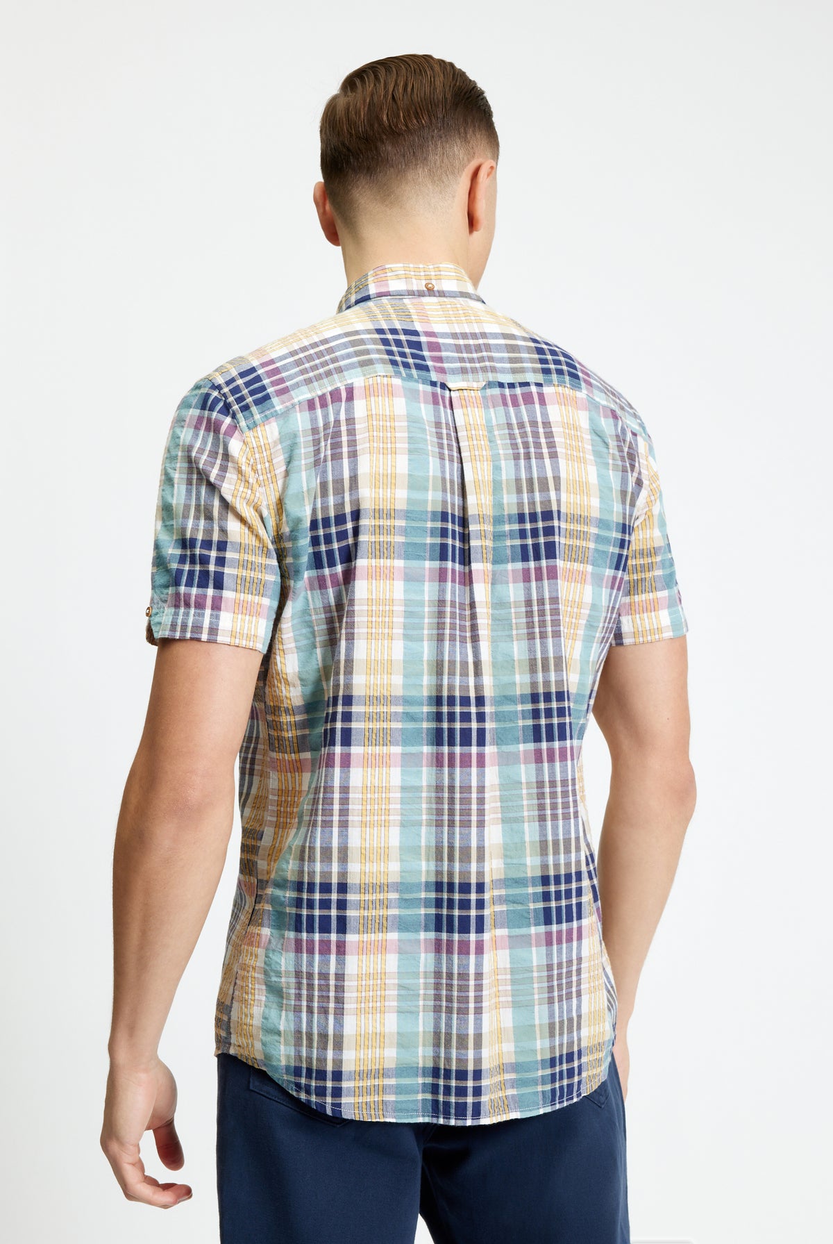 Short Sleeve Seersucker Check Shirt - Aqua - Back View