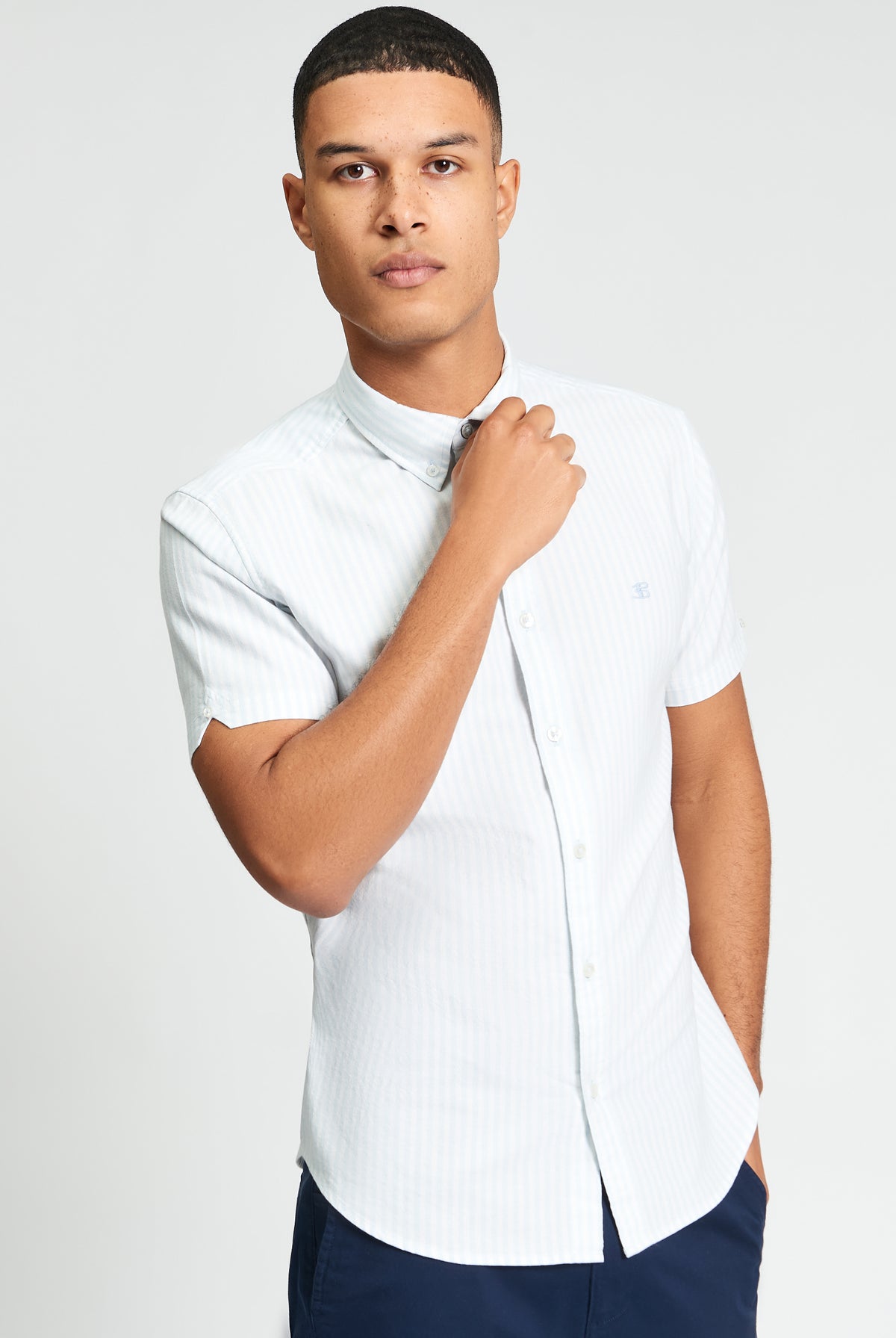 Short Sleeve Oxford Stripe Shirt - Light Blue - Styled