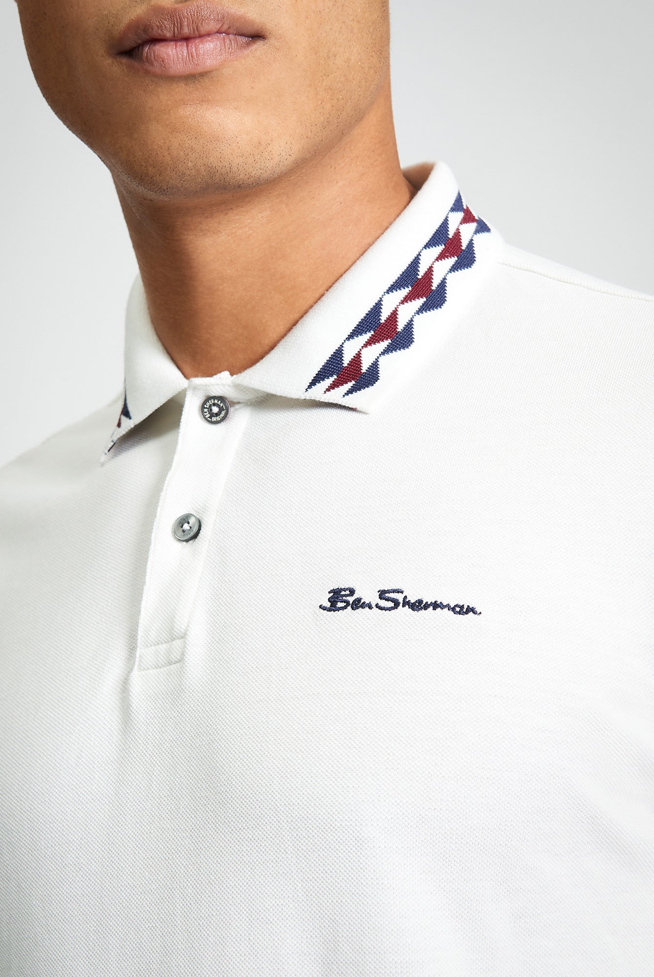 Collar Interest Polo β White β Featuring patterned collar detail and Ben Sherman embroidery.